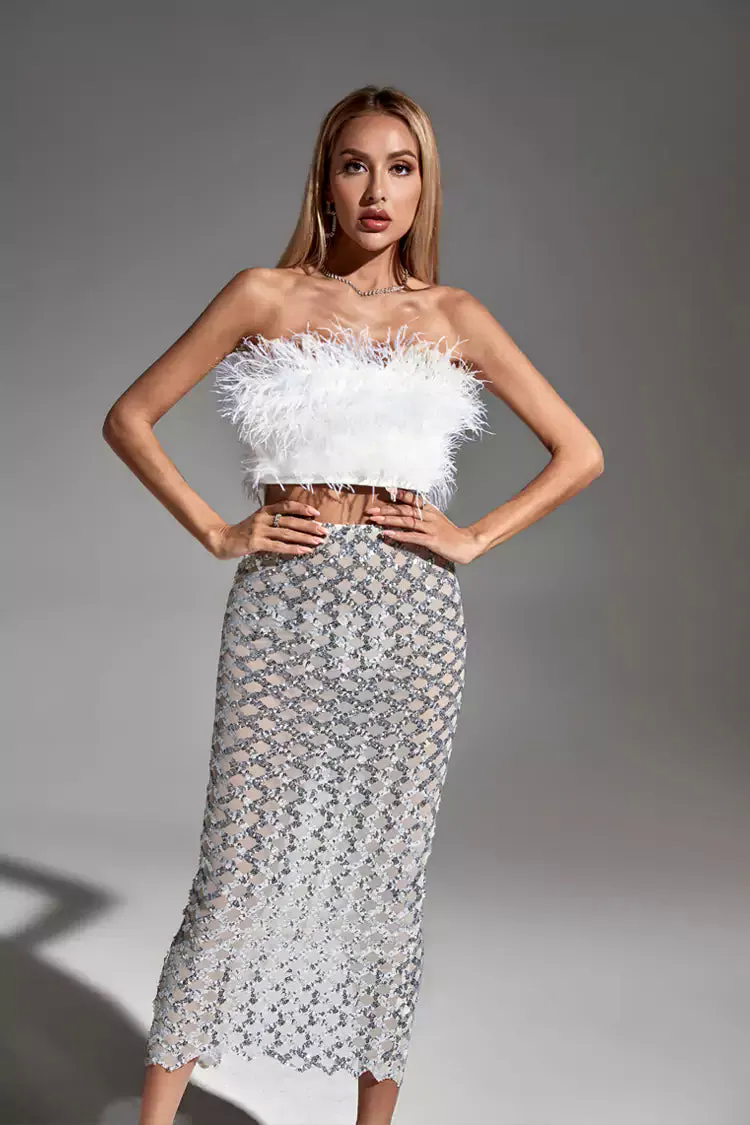 Blake White Feather Sequin Bandage Set