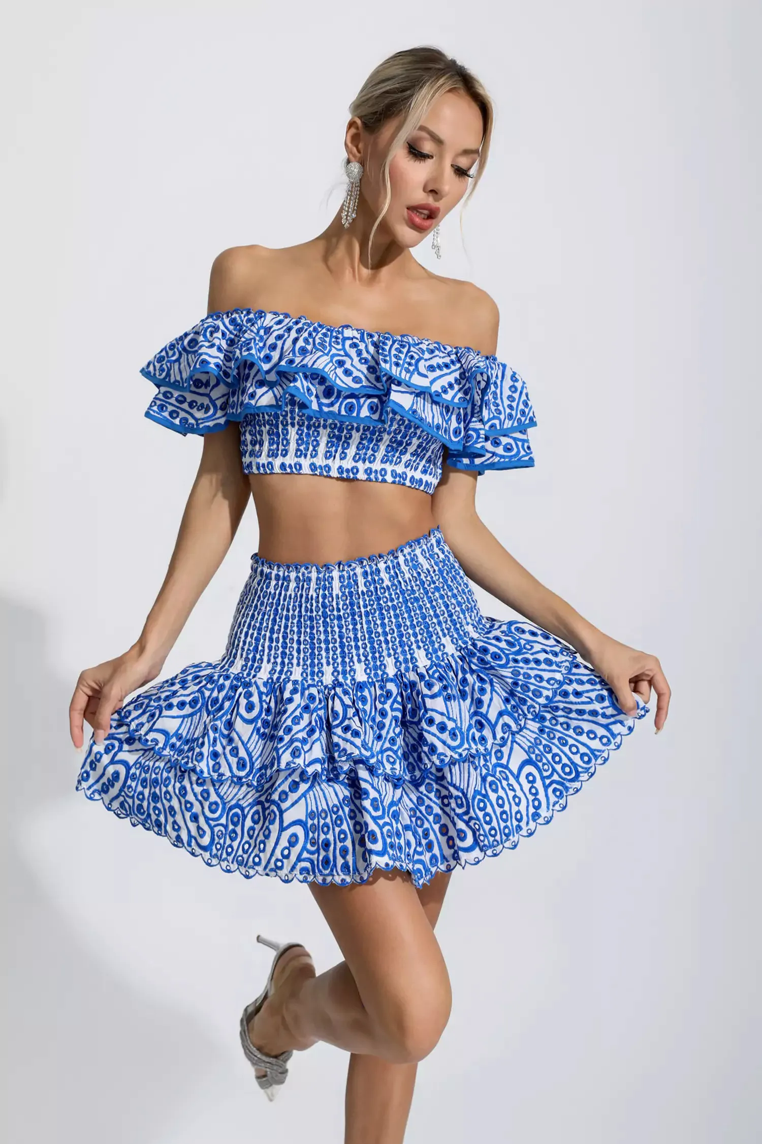 Dorothy Blue Floral Ruffle Off-Shoulder Set Dorothy Blue Floral Ruffle Off-Shoulder Set