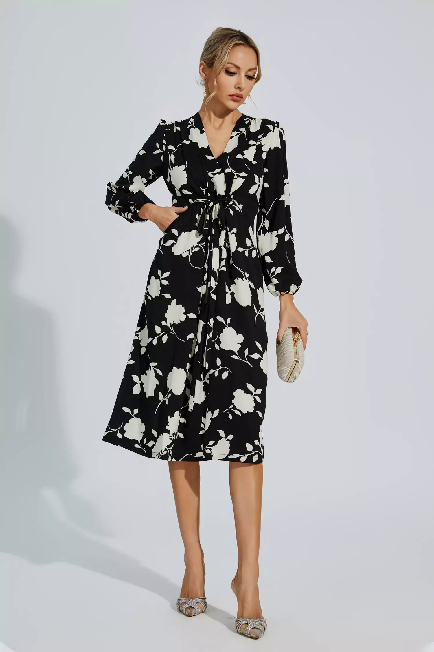 Galilea Black Floral Girded Midi Dress Galilea Black Floral Girded Midi Dress