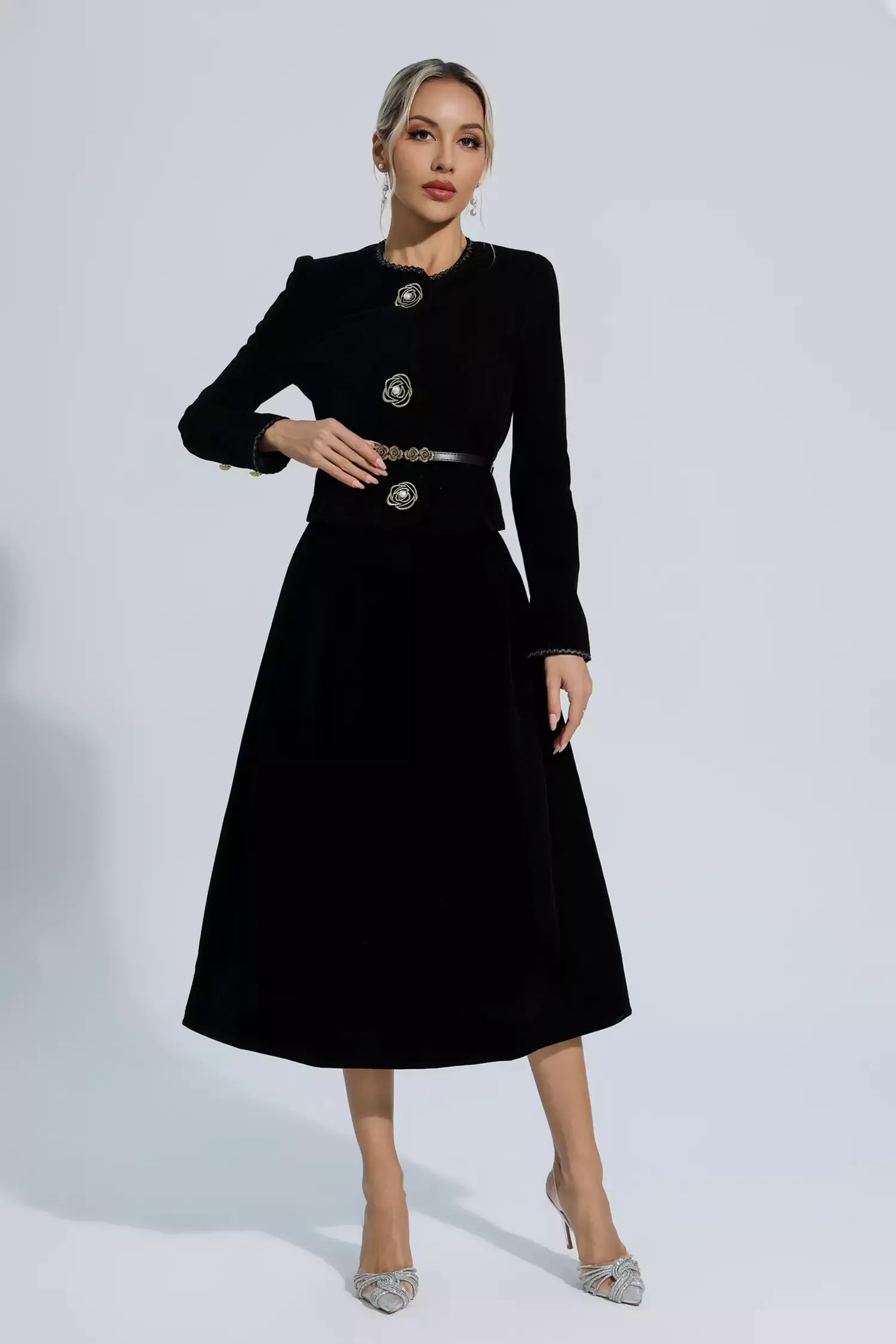 Lina Black Woolen Floral Blazer Set Lina Black Woolen Floral Blazer Set