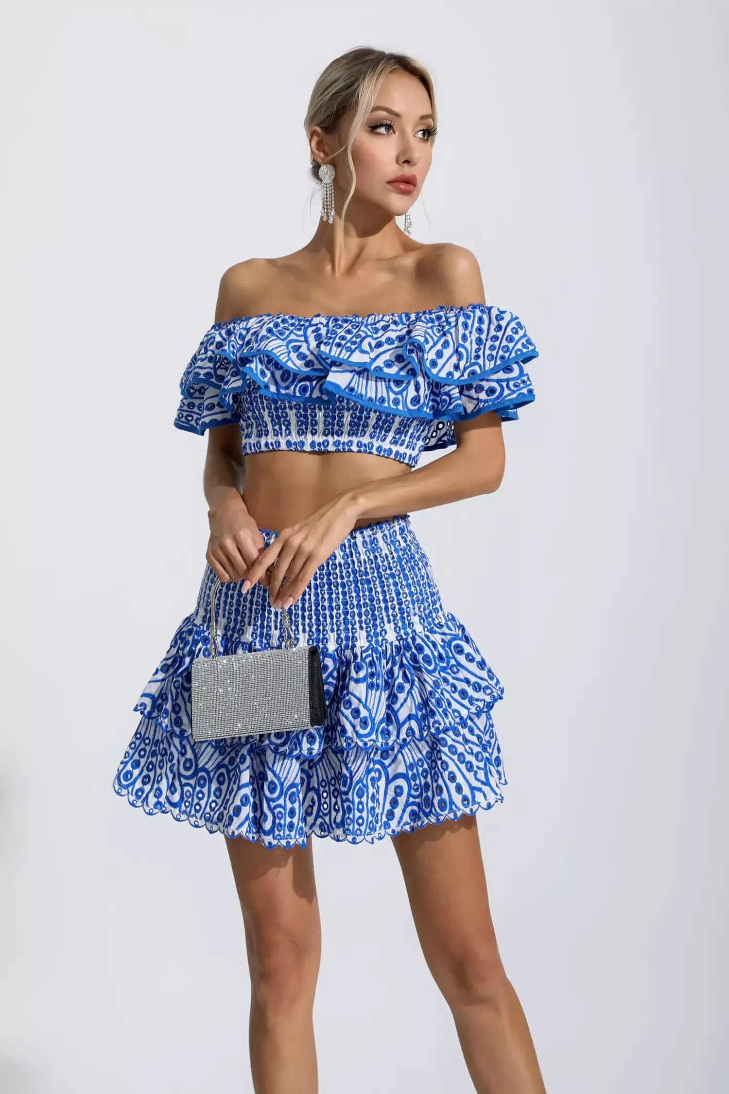Dorothy Blue Floral Ruffle Off-Shoulder Set