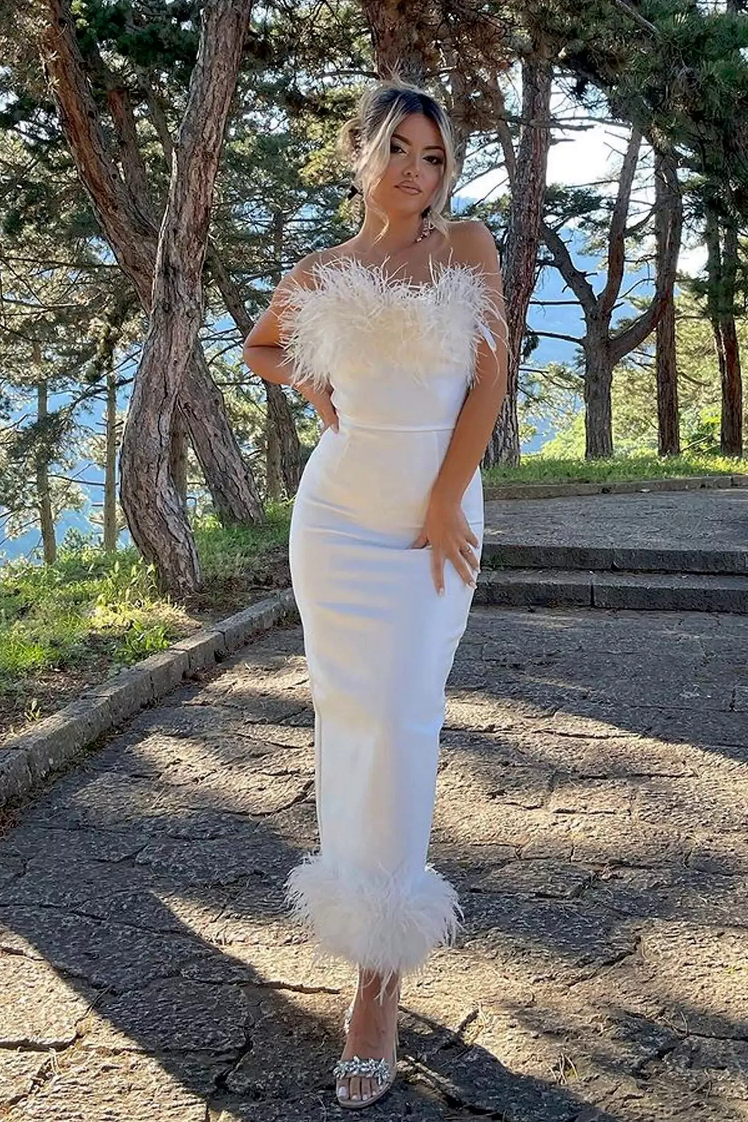 Noelle Feather Off Shoulder Maxi Dress-White Noelle Feather Off Shoulder Maxi Dress-White