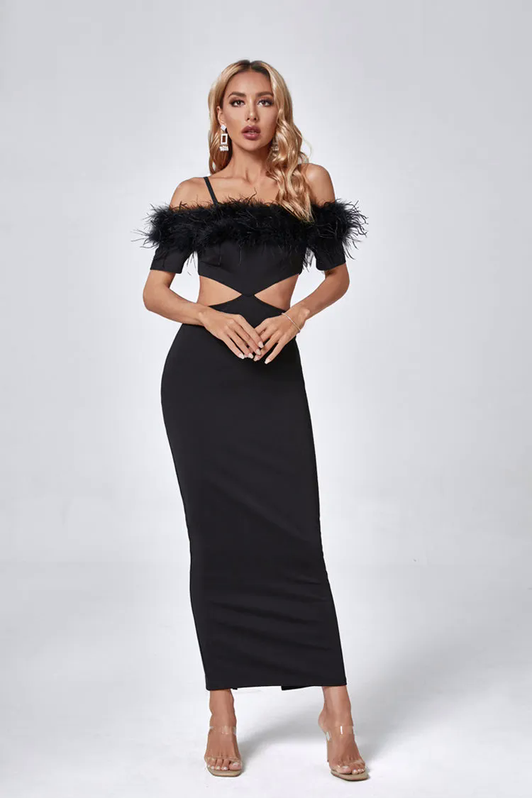 Madelyn Black Feather Maxi Bodycon Dress