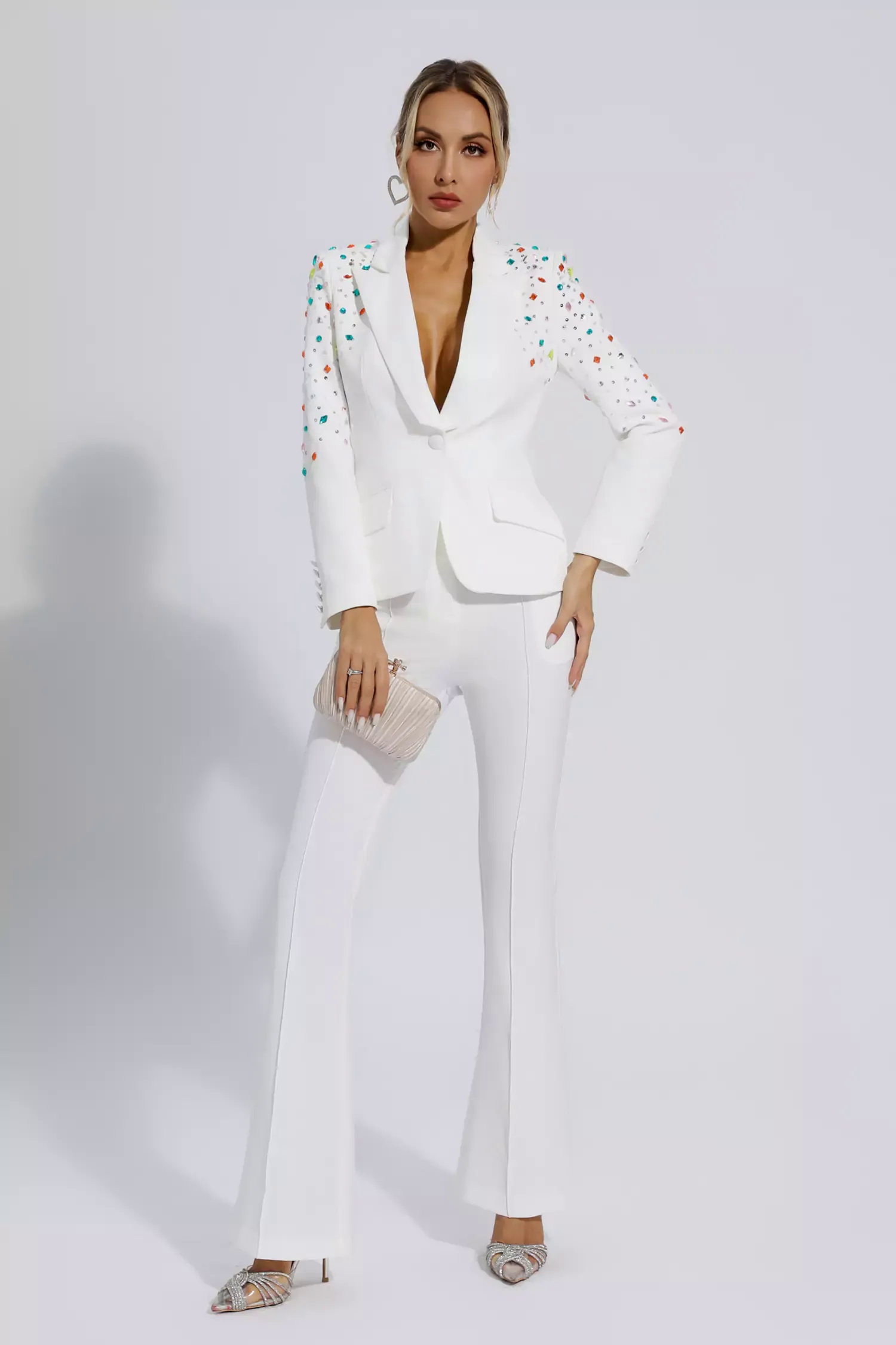 Emely White Beaded Sequin Diamond Blazer Set Emely White Beaded Sequin Diamond Blazer Set