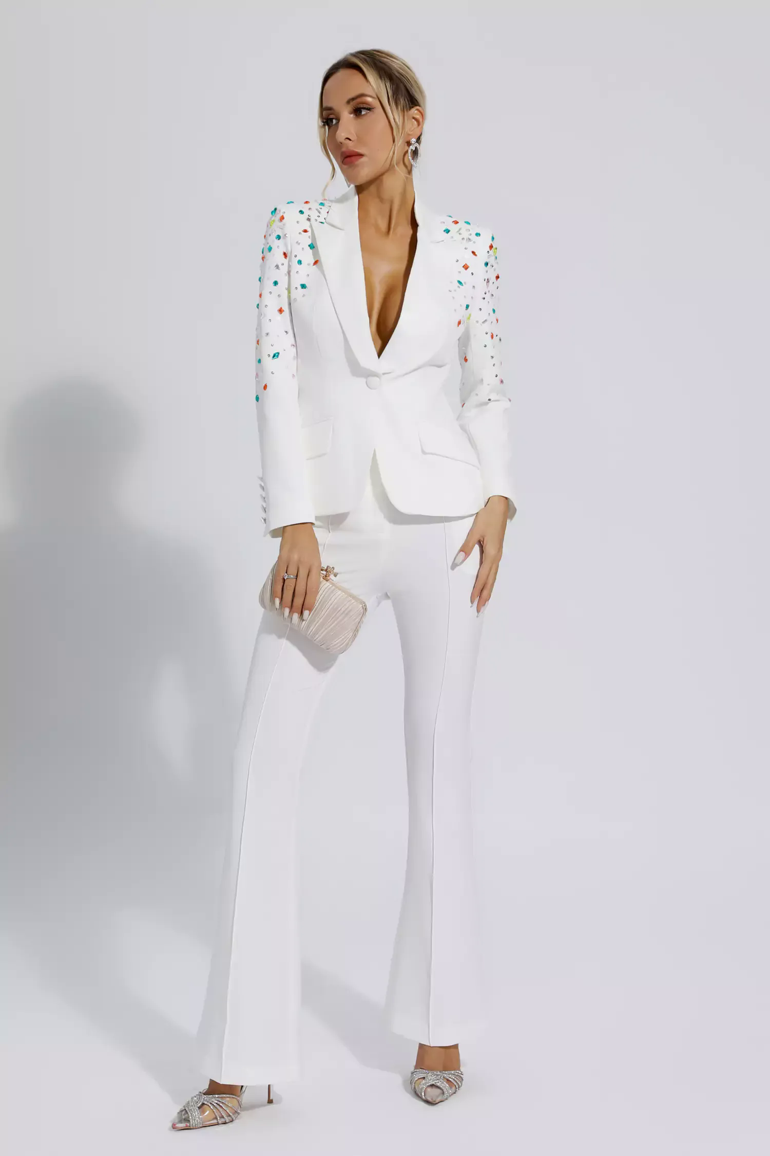 Emely White Beaded Sequin Diamond Blazer Set Emely White Beaded Sequin Diamond Blazer Set