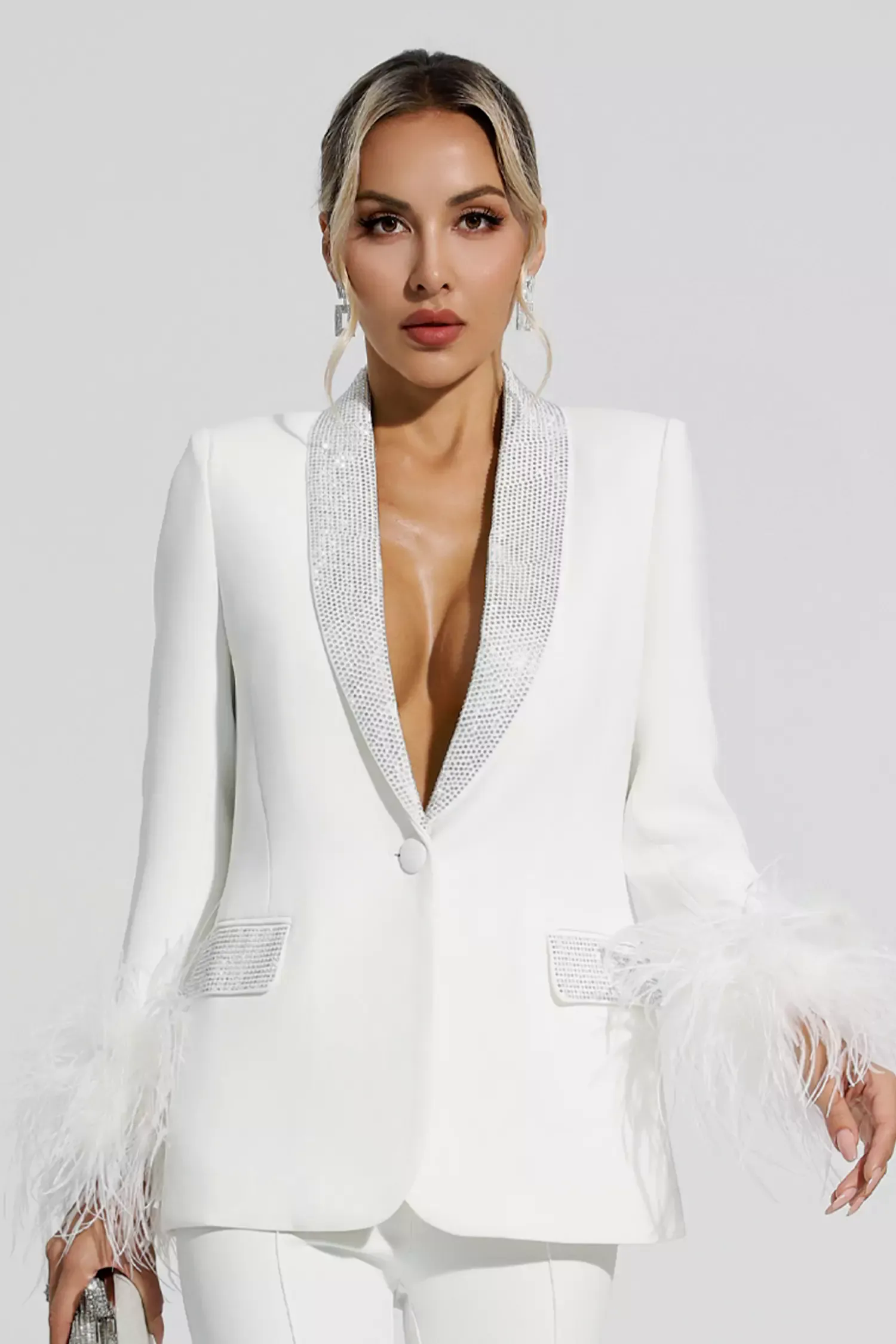 Angel White Feather Trim Diamond Blazer Set