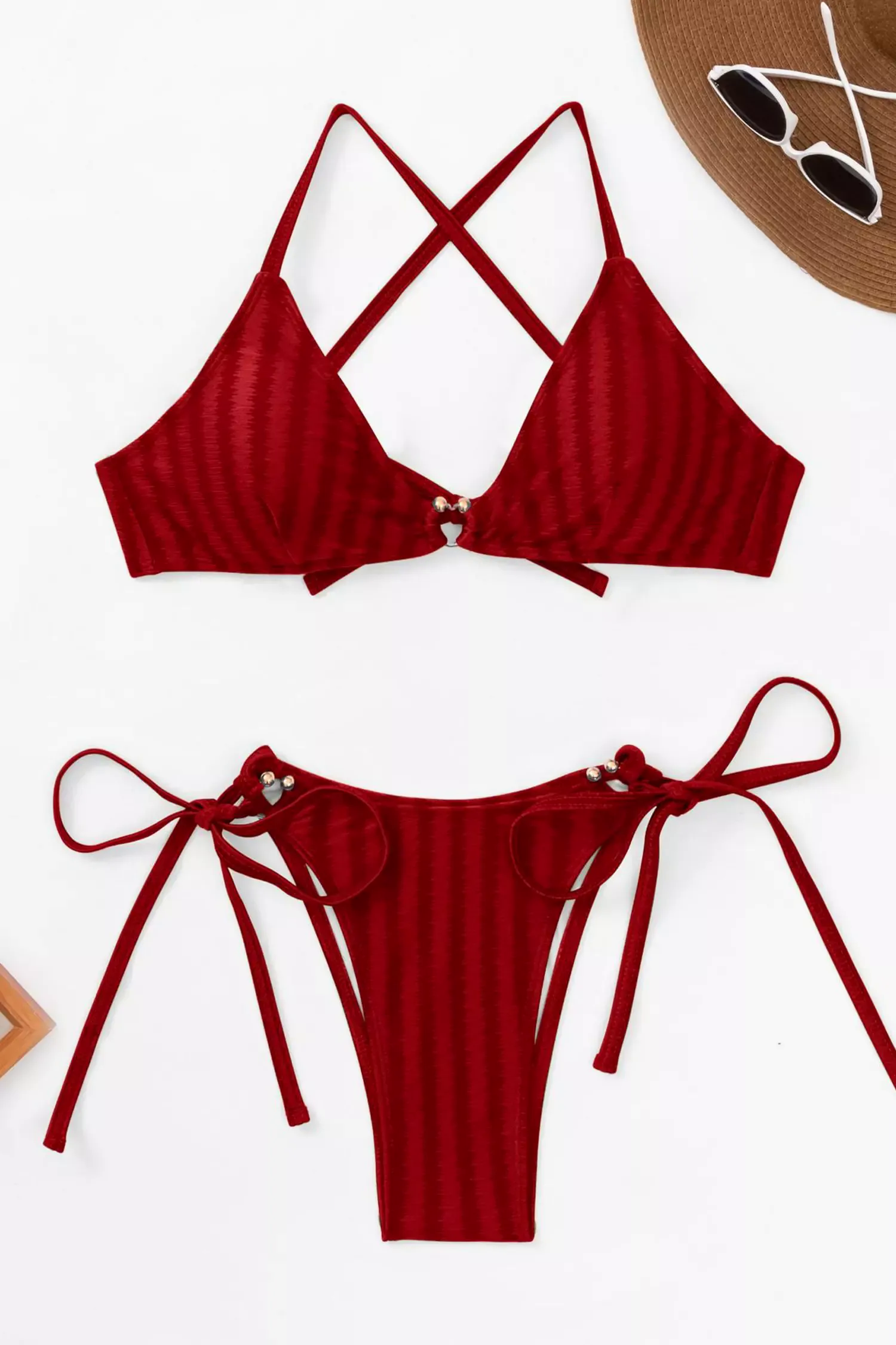Addilynn Red Striped Cross-tie Bikini
