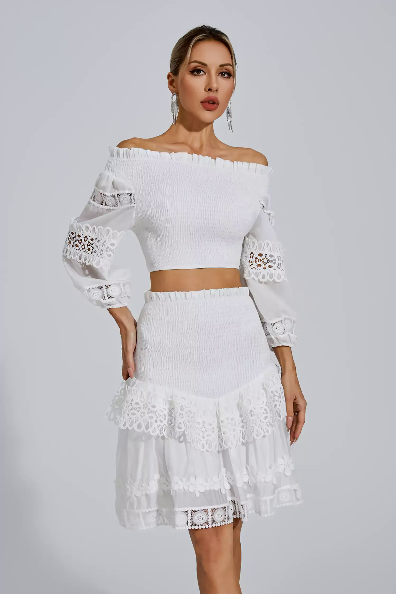 Raina White One-Shoulder Embroidered Set
