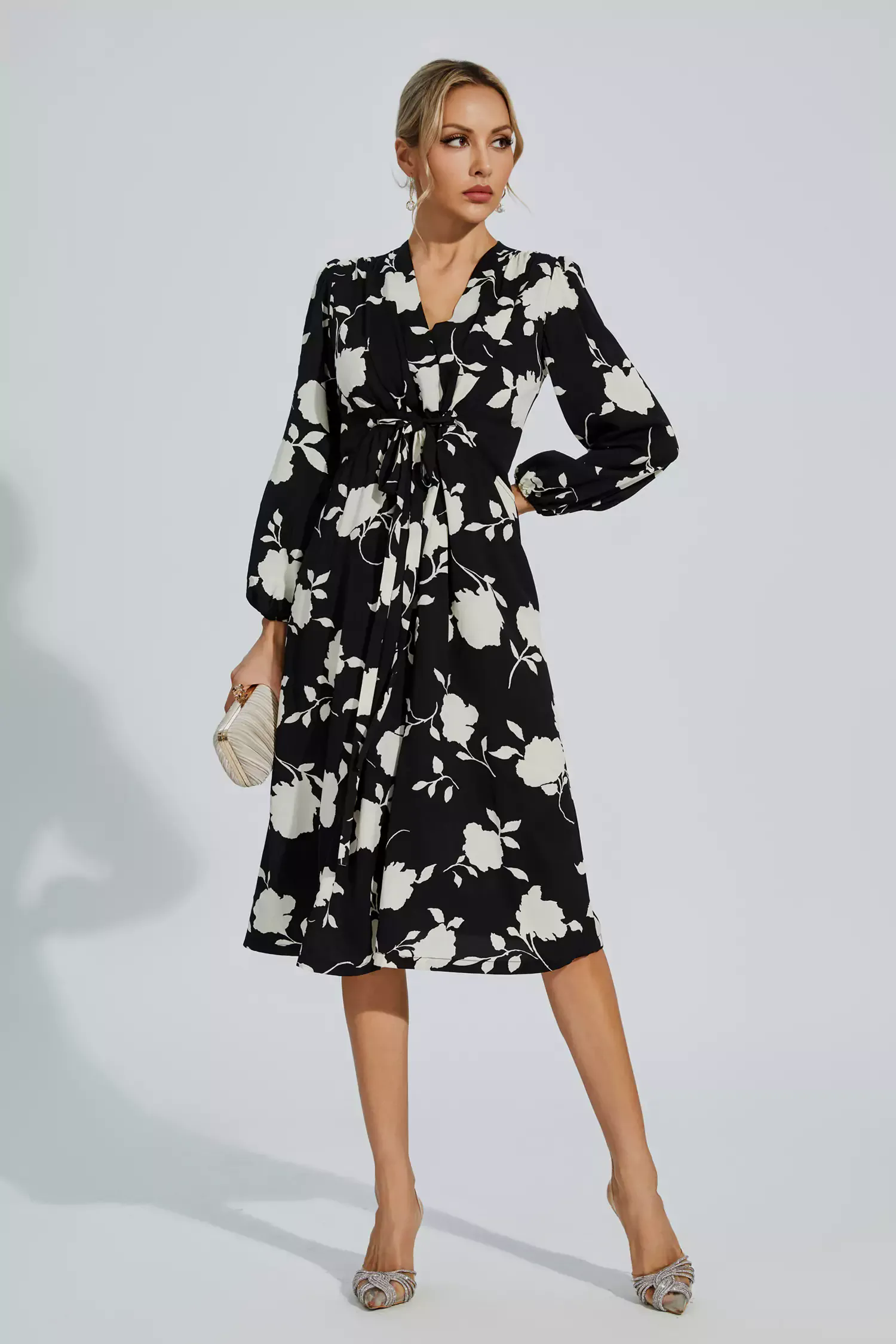 Galilea Black Floral Girded Midi Dress Galilea Black Floral Girded Midi Dress
