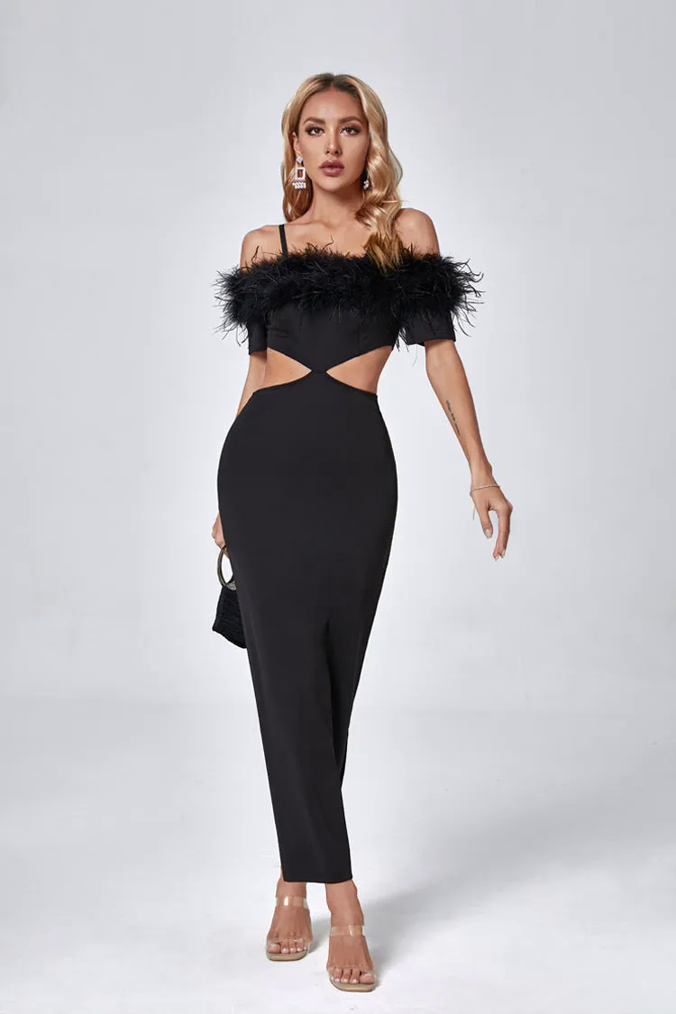 Madelyn Black Feather Maxi Bodycon Dress Madelyn Black Feather Maxi Bodycon Dress