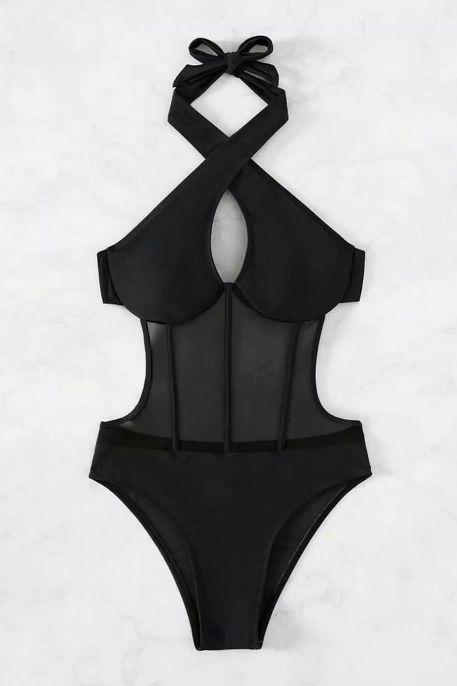 Burke Black Halter Mesh One Piece Swimwear
