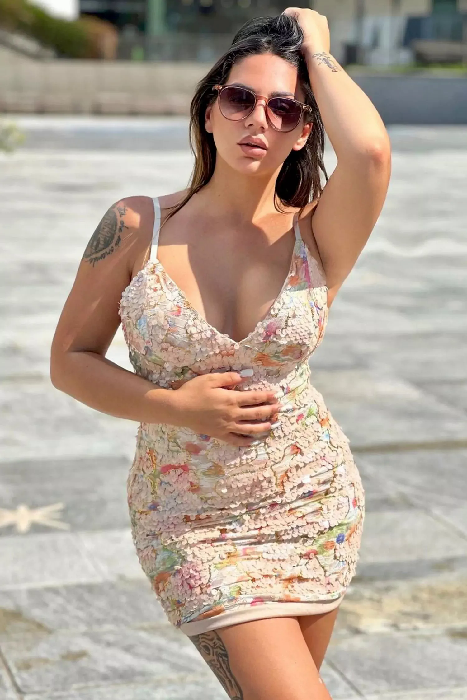 Mabel Floral Sequin Dress-Flesh Pink