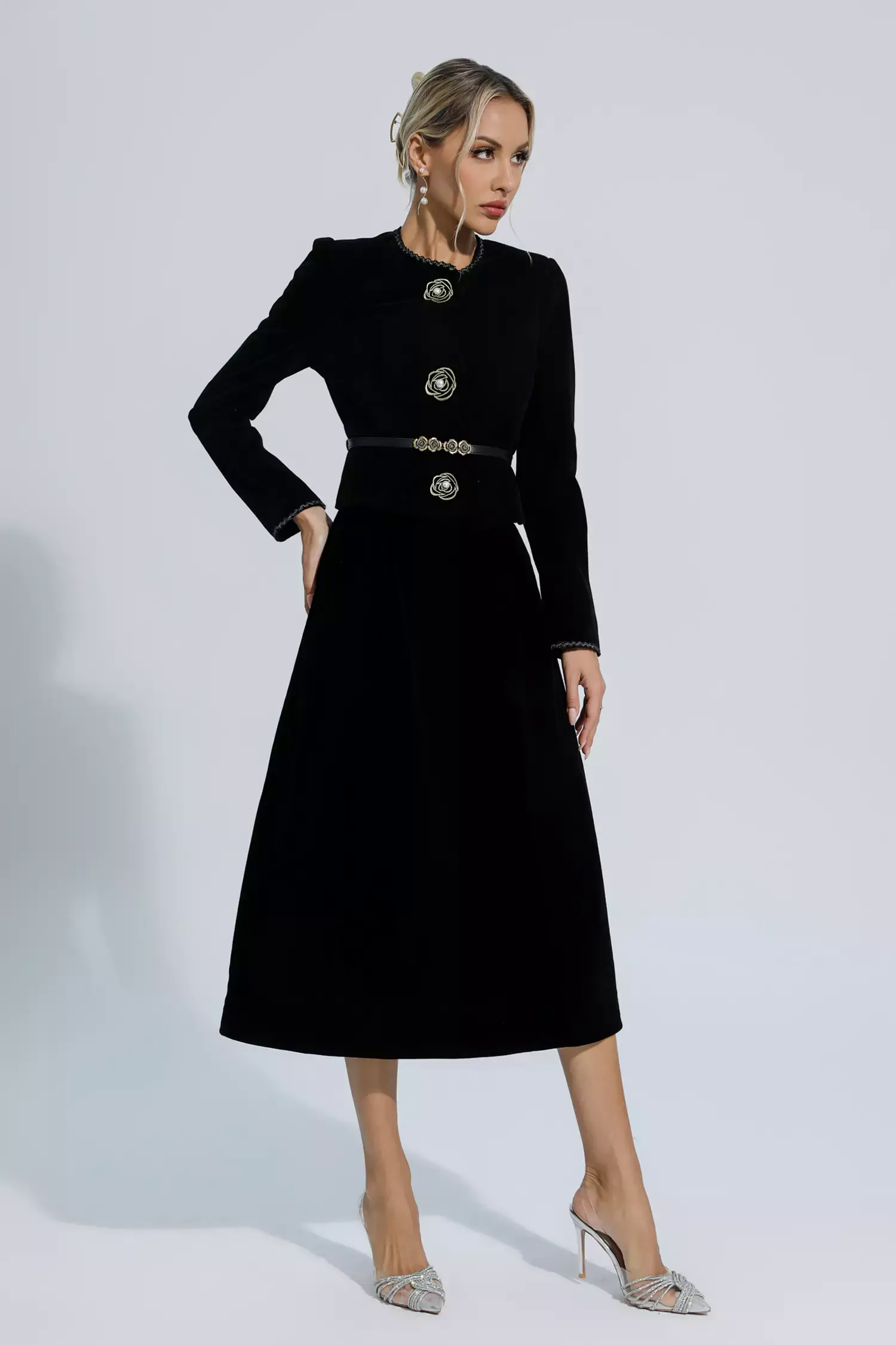 Lina Black Woolen Floral Blazer Set Lina Black Woolen Floral Blazer Set