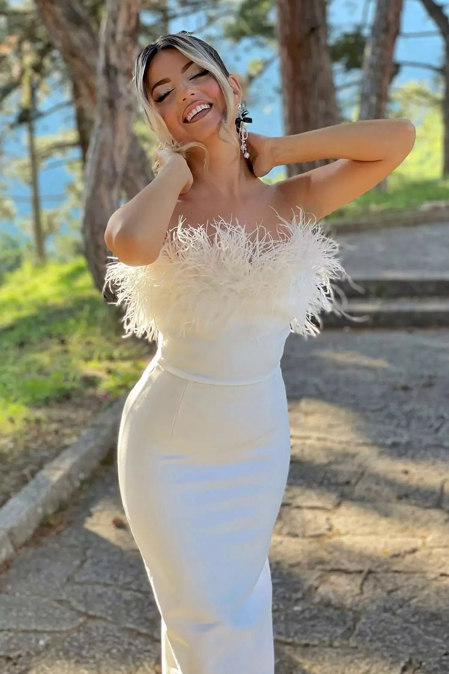 Noelle Feather Off Shoulder Maxi Dress-White Noelle Feather Off Shoulder Maxi Dress-White