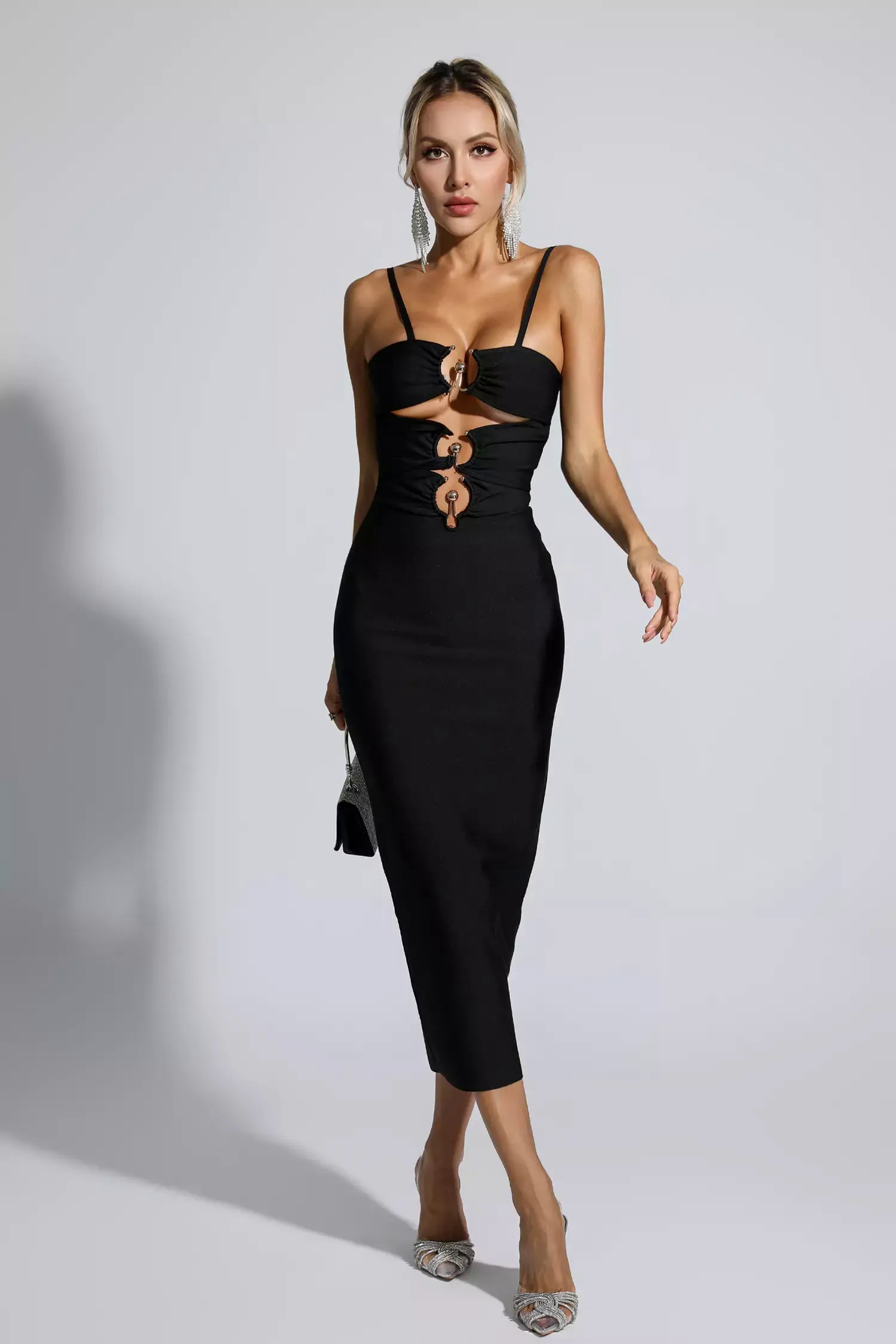 Liana Black Hollow Out Bandage Midi Dress