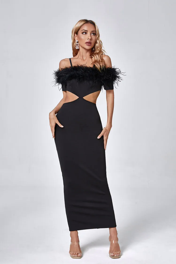 Madelyn Black Feather Maxi Bodycon Dress Madelyn Black Feather Maxi Bodycon Dress