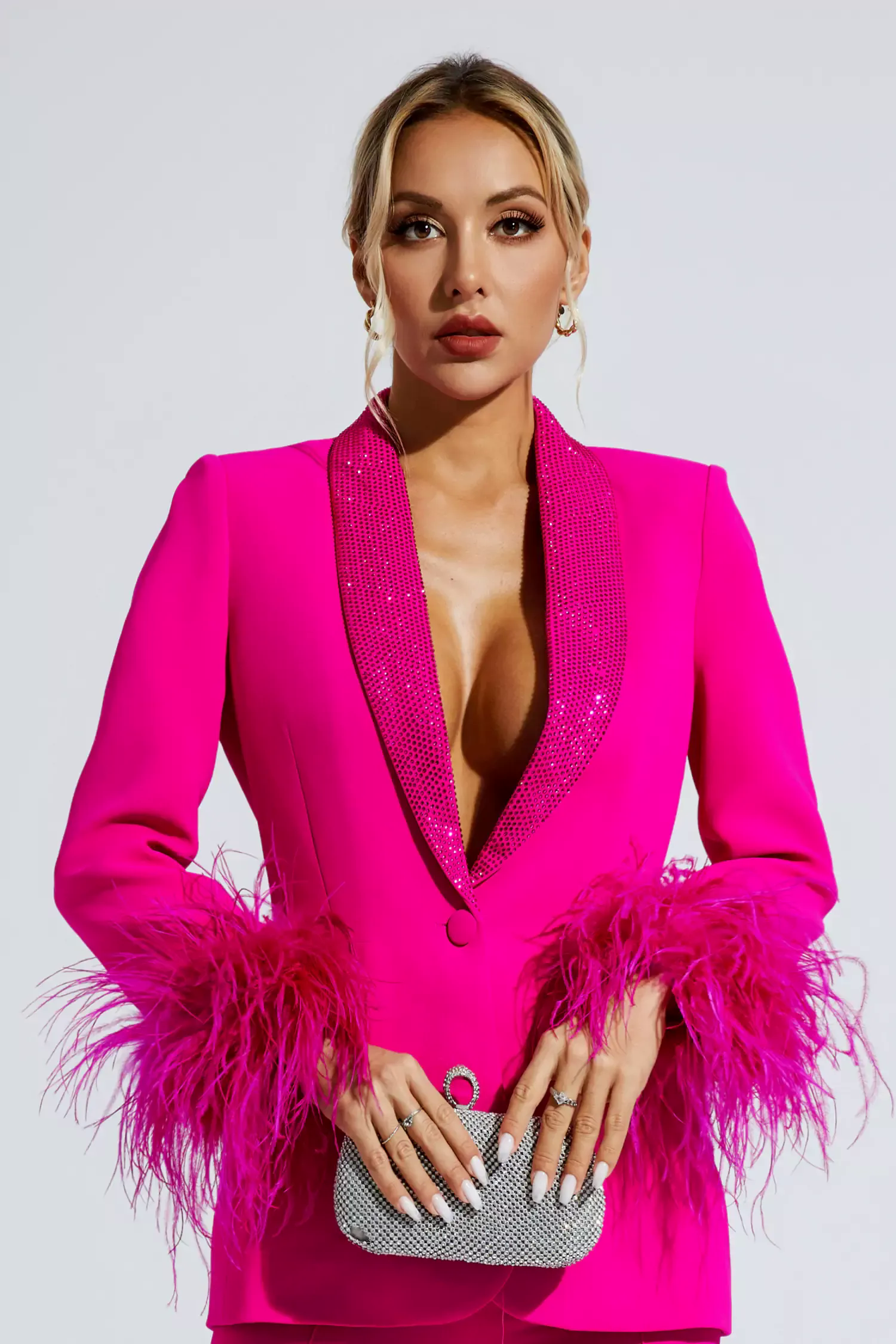 Angel Pink Feather Trim Diamond Blazer Set