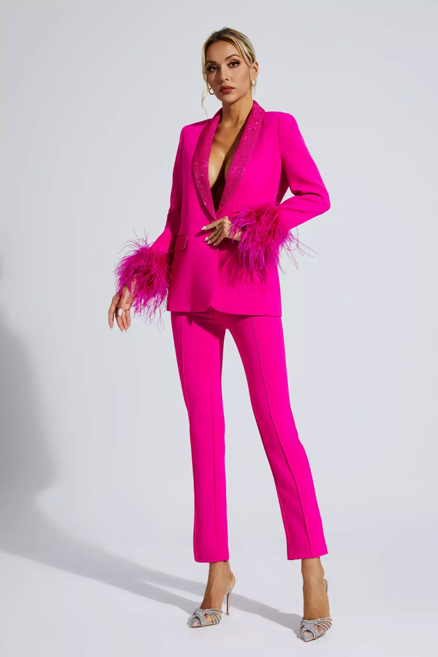 Angel Pink Feather Trim Diamond Blazer Set