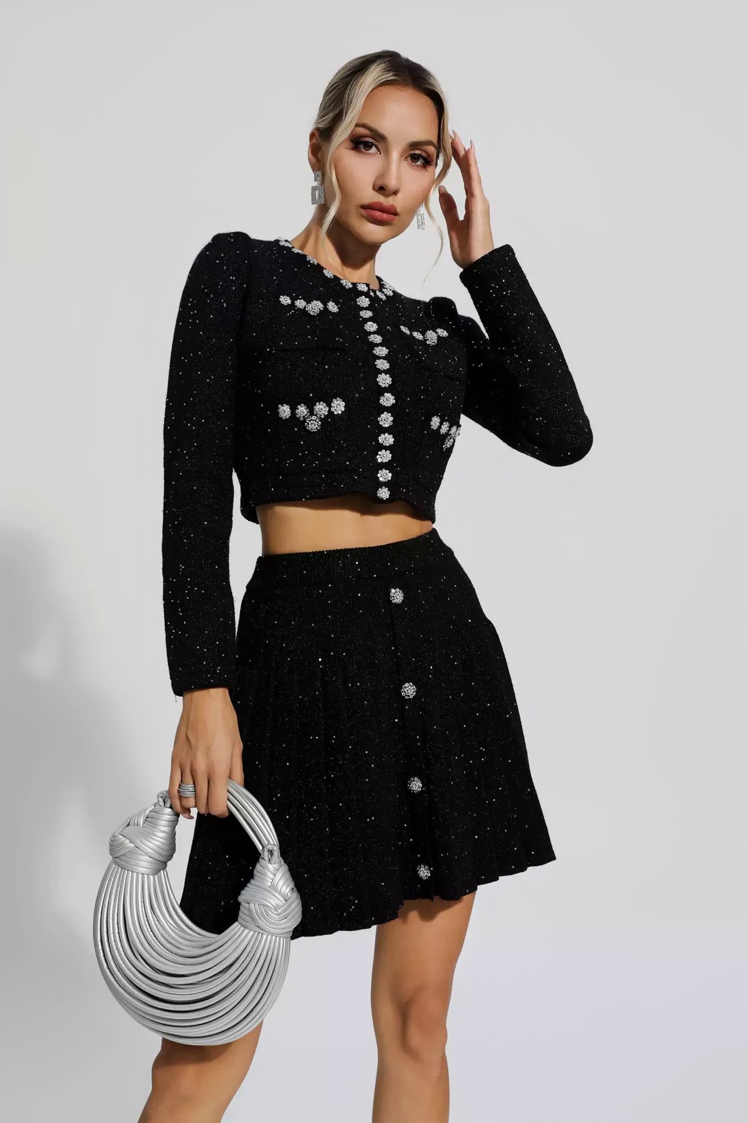 Lara Black Knitted Beads Embellished Set
