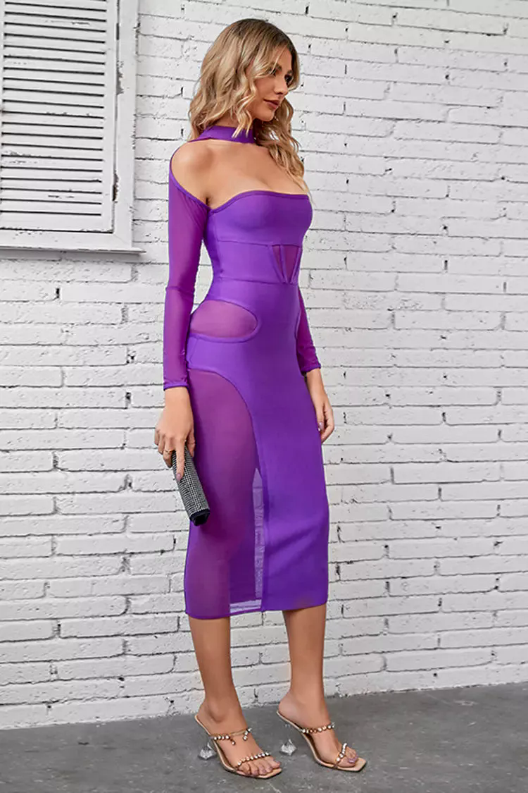 Noa Purple Mesh Bandage Midi Dress Noa Purple Mesh Bandage Midi Dress