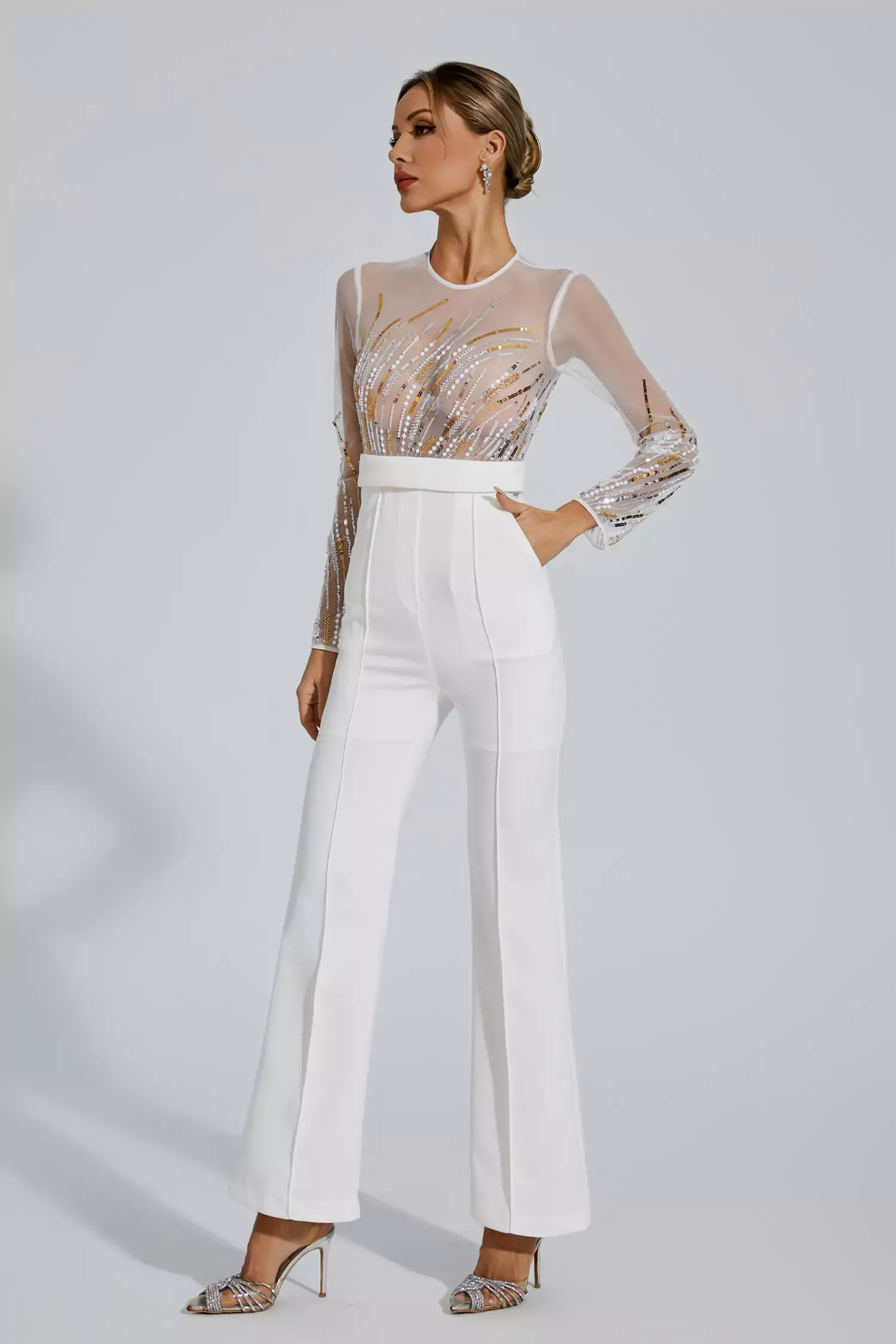 Jaycee White Sequin Mesh Jumpsuit