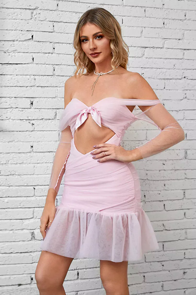 Kiara Light Pink Mesh Ruched Mini Dress Kiara Light Pink Mesh Ruched Mini Dress