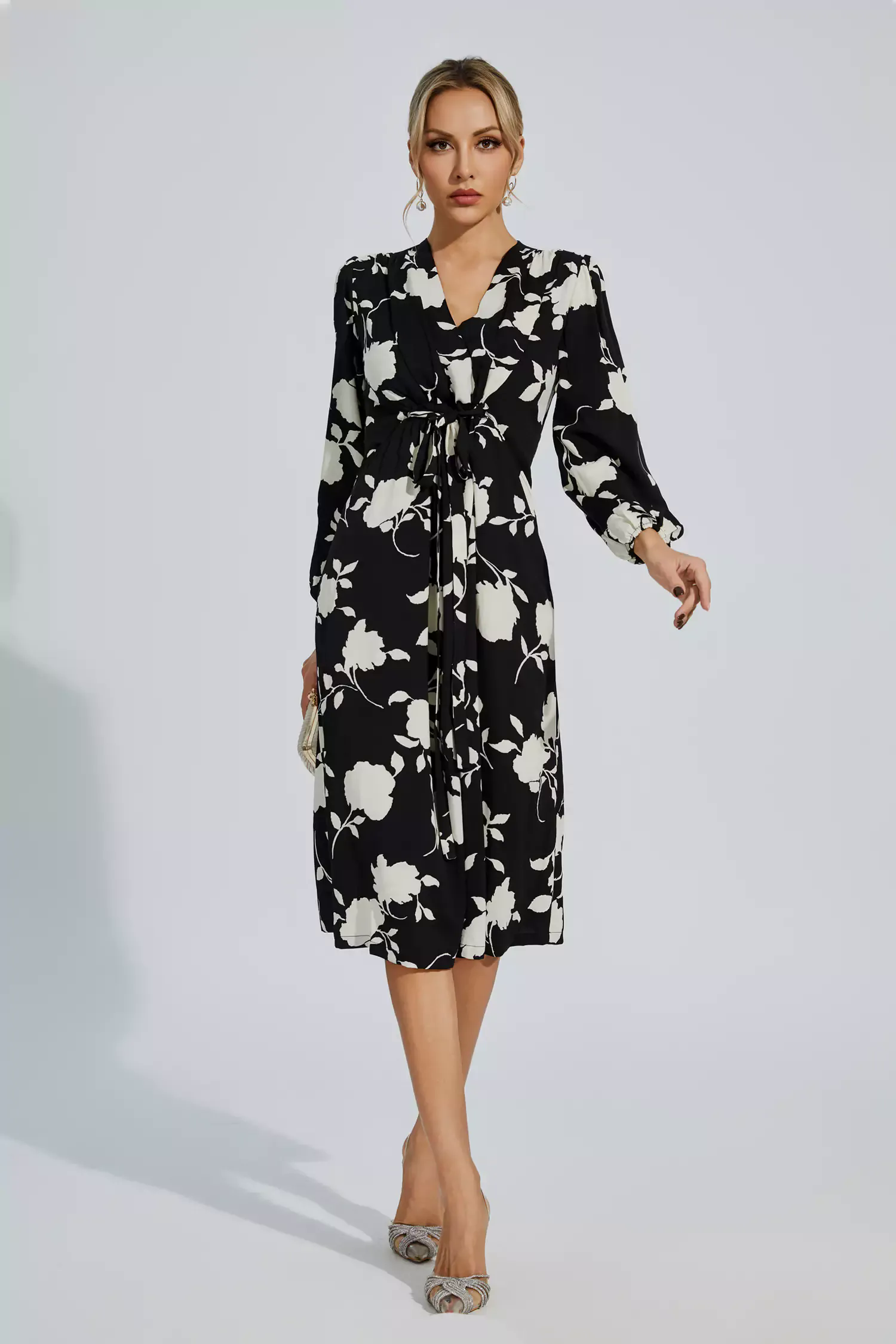 Galilea Black Floral Girded Midi Dress Galilea Black Floral Girded Midi Dress