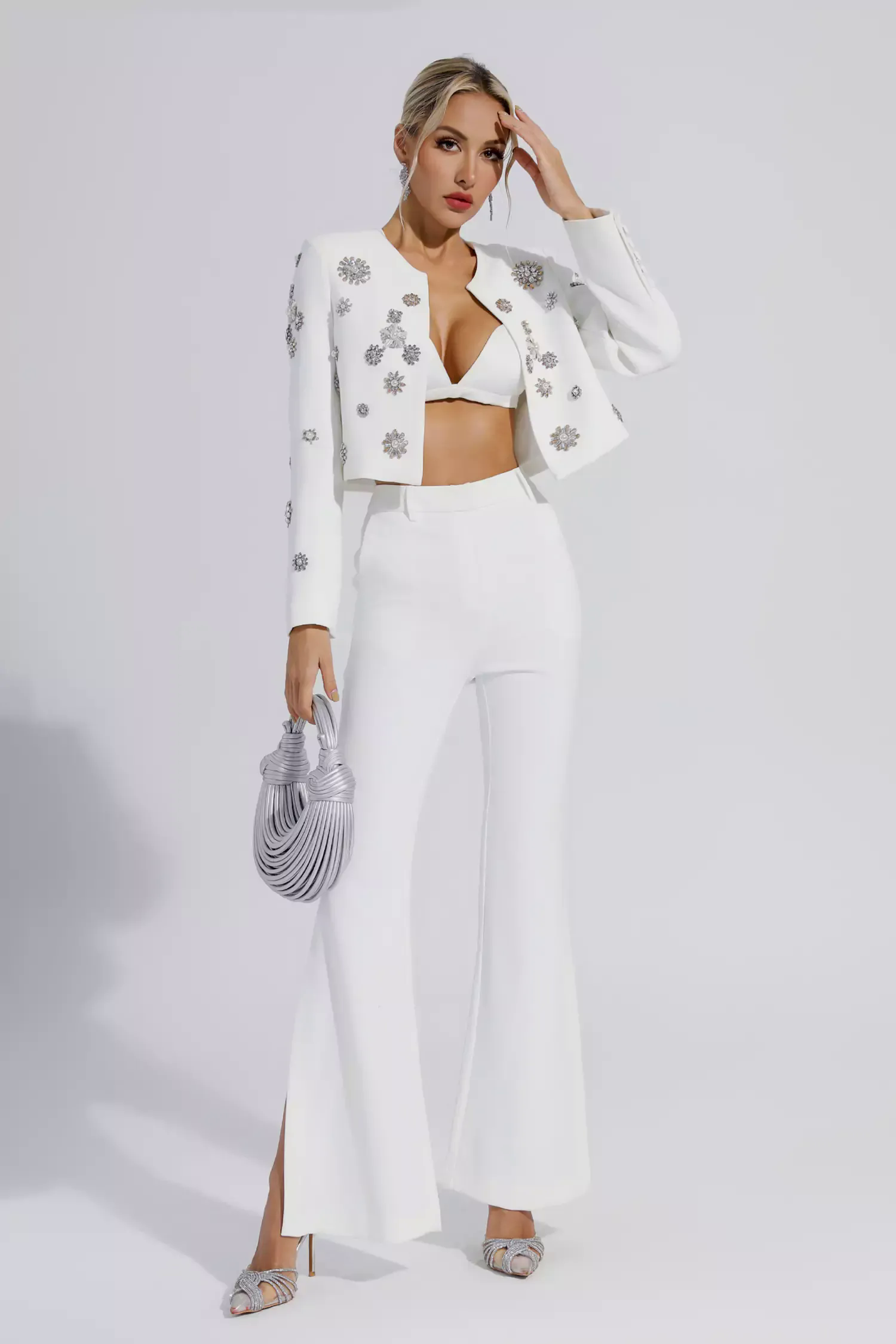 Amalia White Crystal Pearl Blazer Set