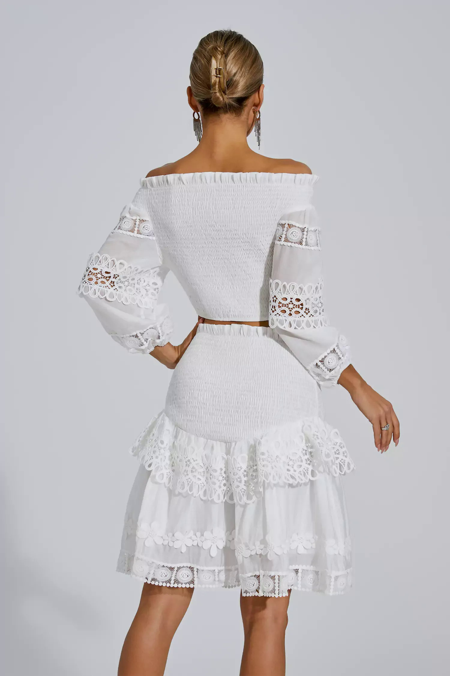 Raina White One-Shoulder Embroidered Set