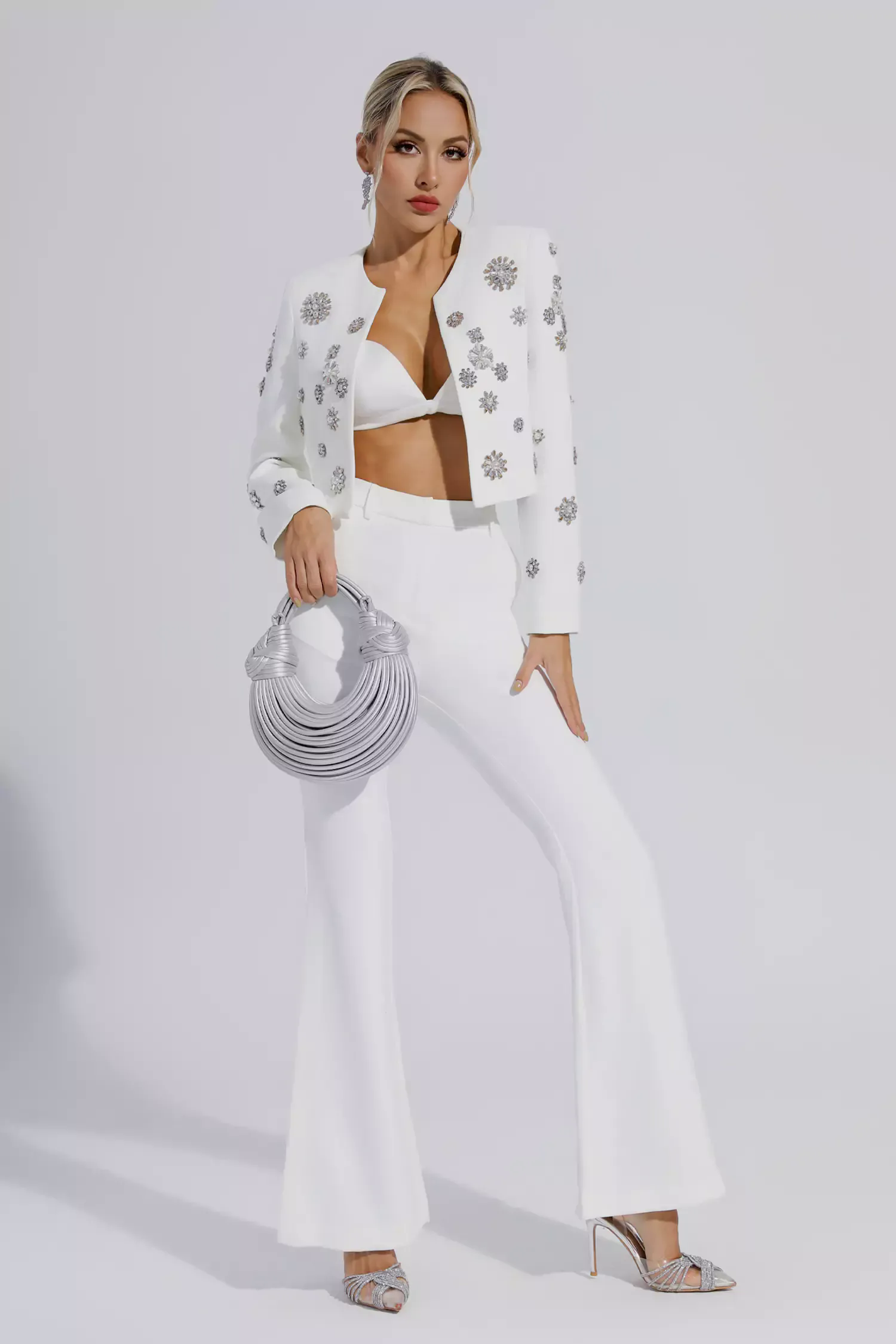 Amalia White Crystal Pearl Blazer Set
