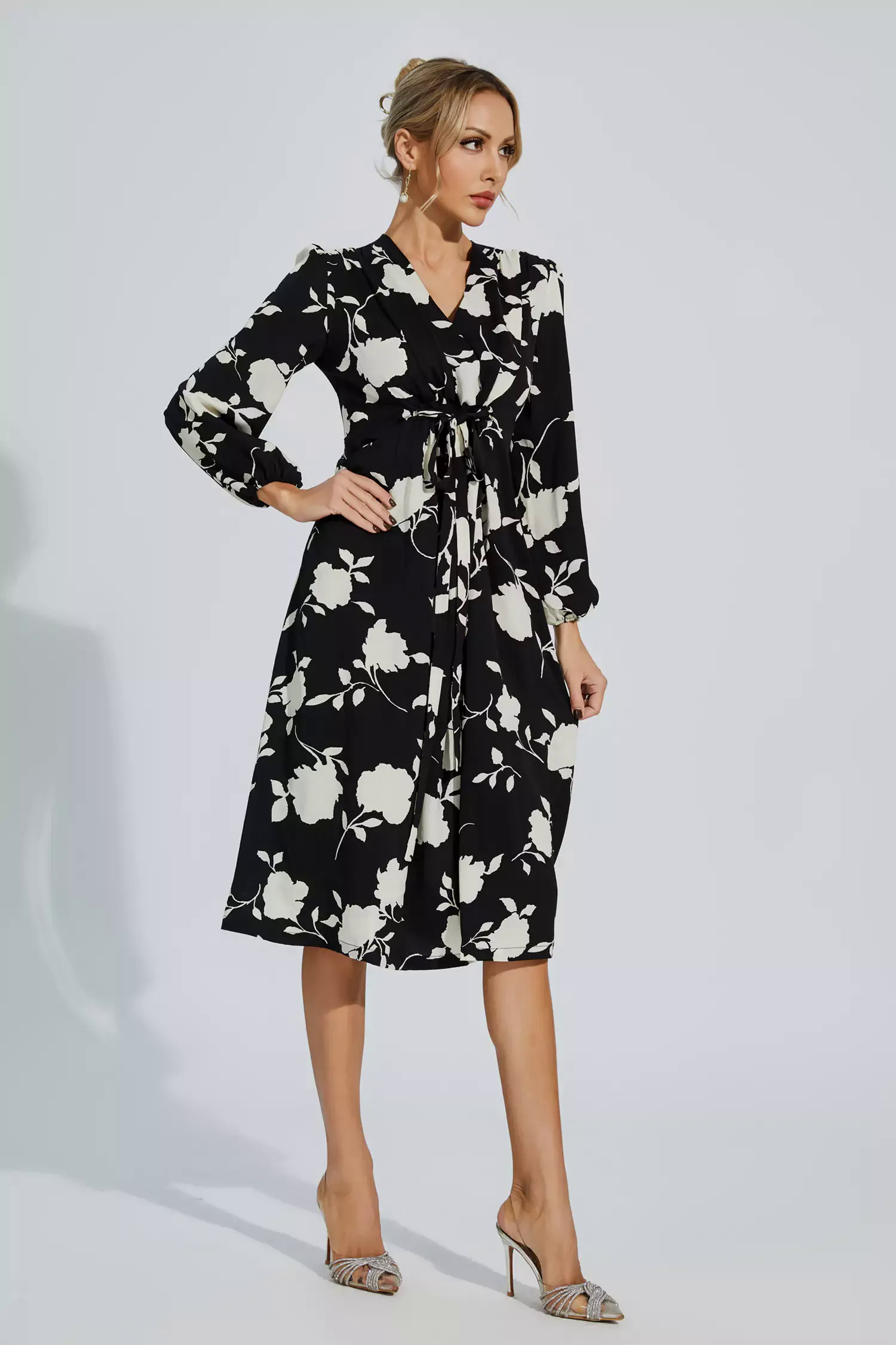 Galilea Black Floral Girded Midi Dress Galilea Black Floral Girded Midi Dress