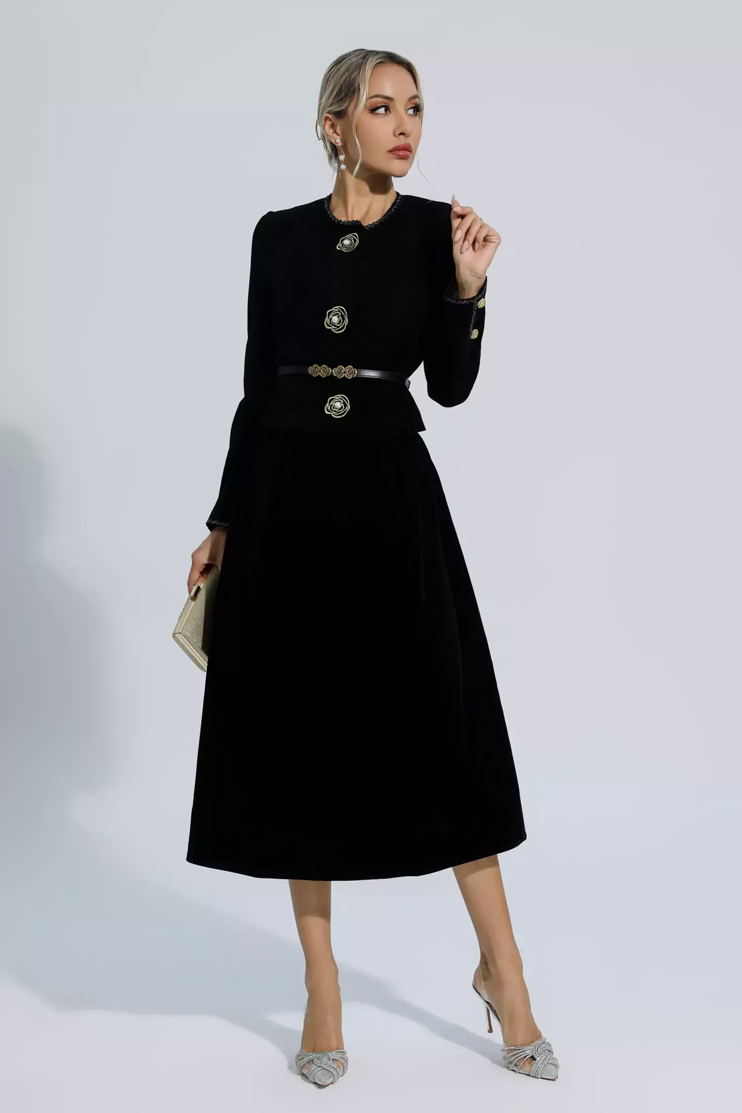 Lina Black Woolen Floral Blazer Set Lina Black Woolen Floral Blazer Set