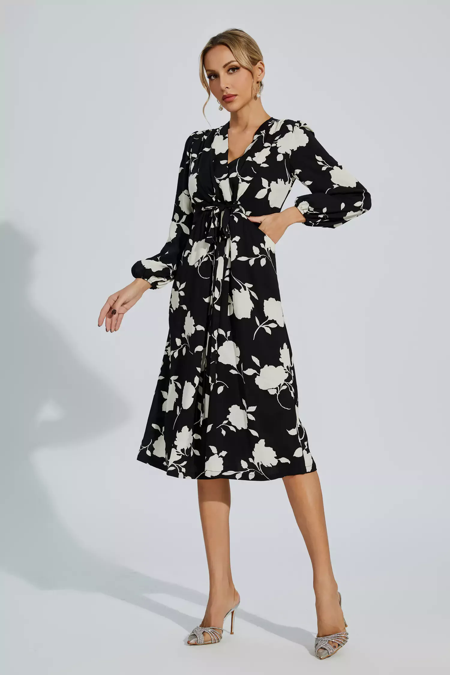 Galilea Black Floral Girded Midi Dress Galilea Black Floral Girded Midi Dress