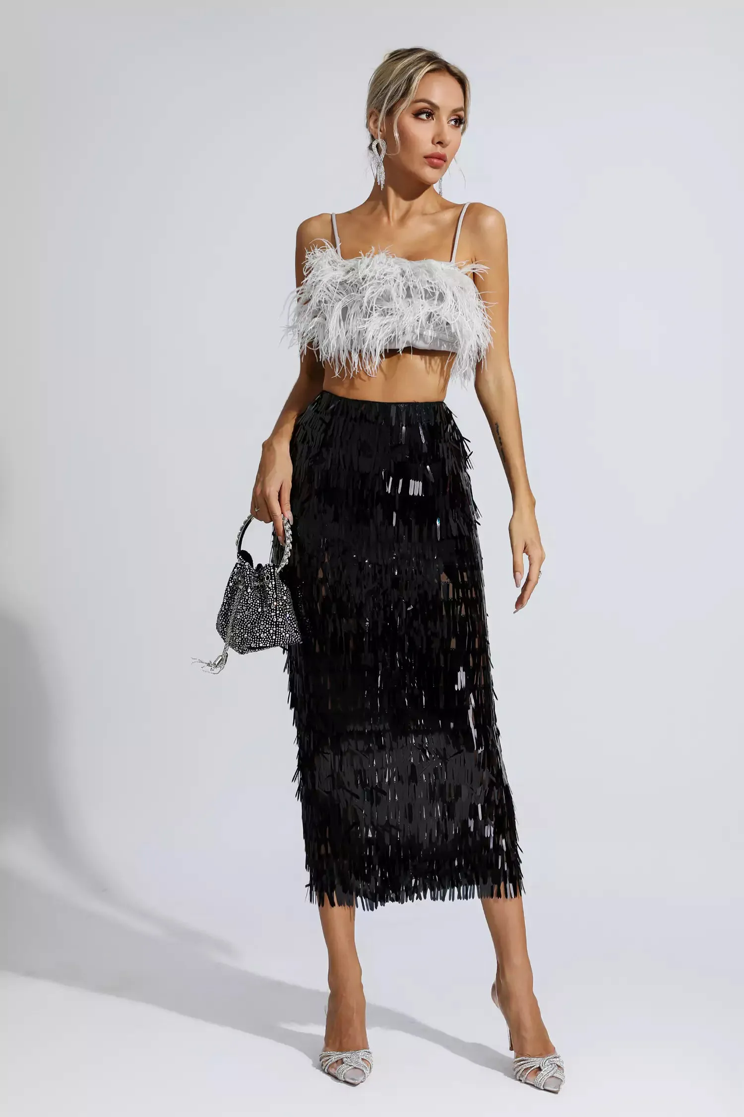 Daniella Black Feather Sequin Set