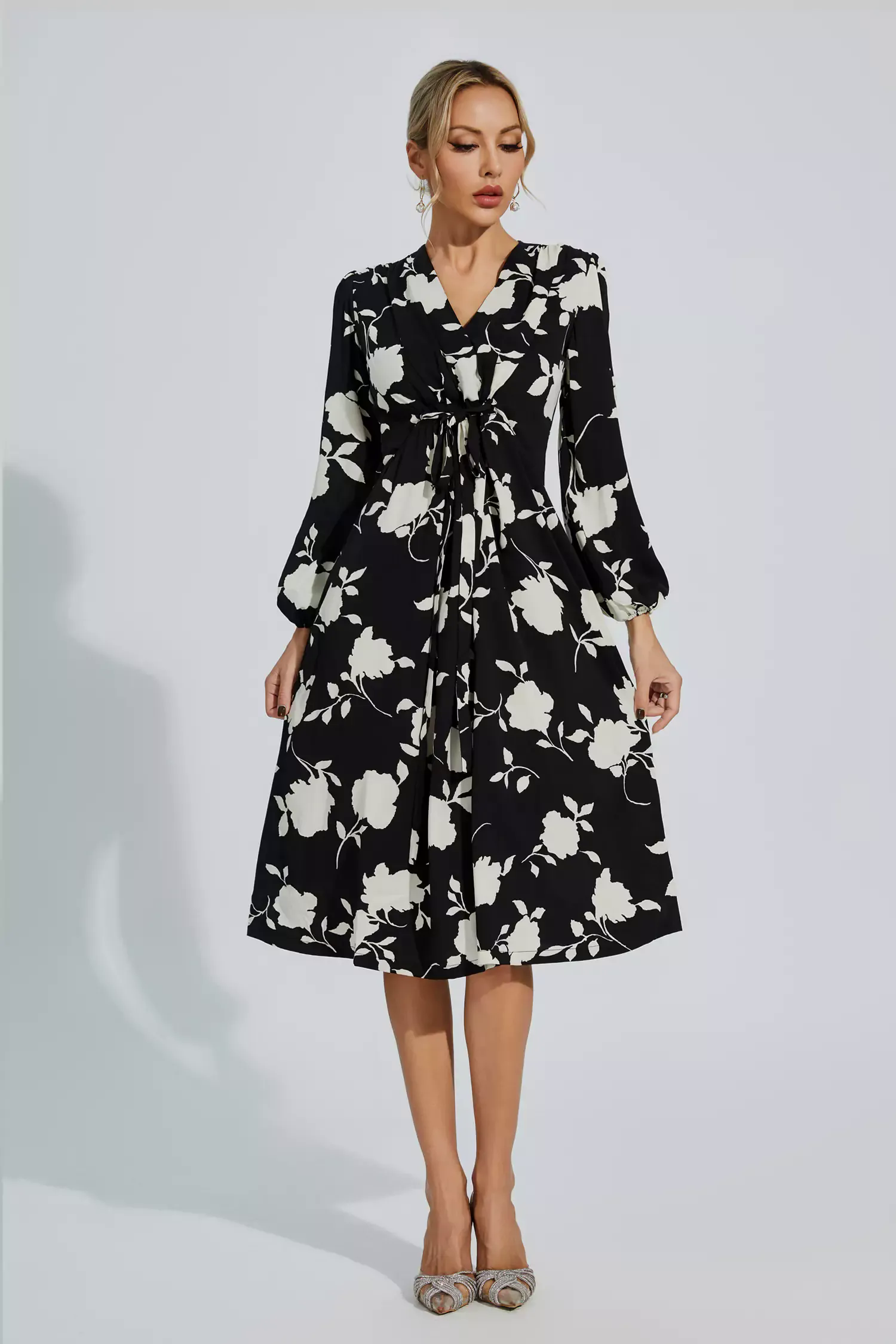 Galilea Black Floral Girded Midi Dress
