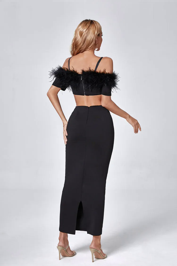 Madelyn Black Feather Maxi Bodycon Dress Madelyn Black Feather Maxi Bodycon Dress