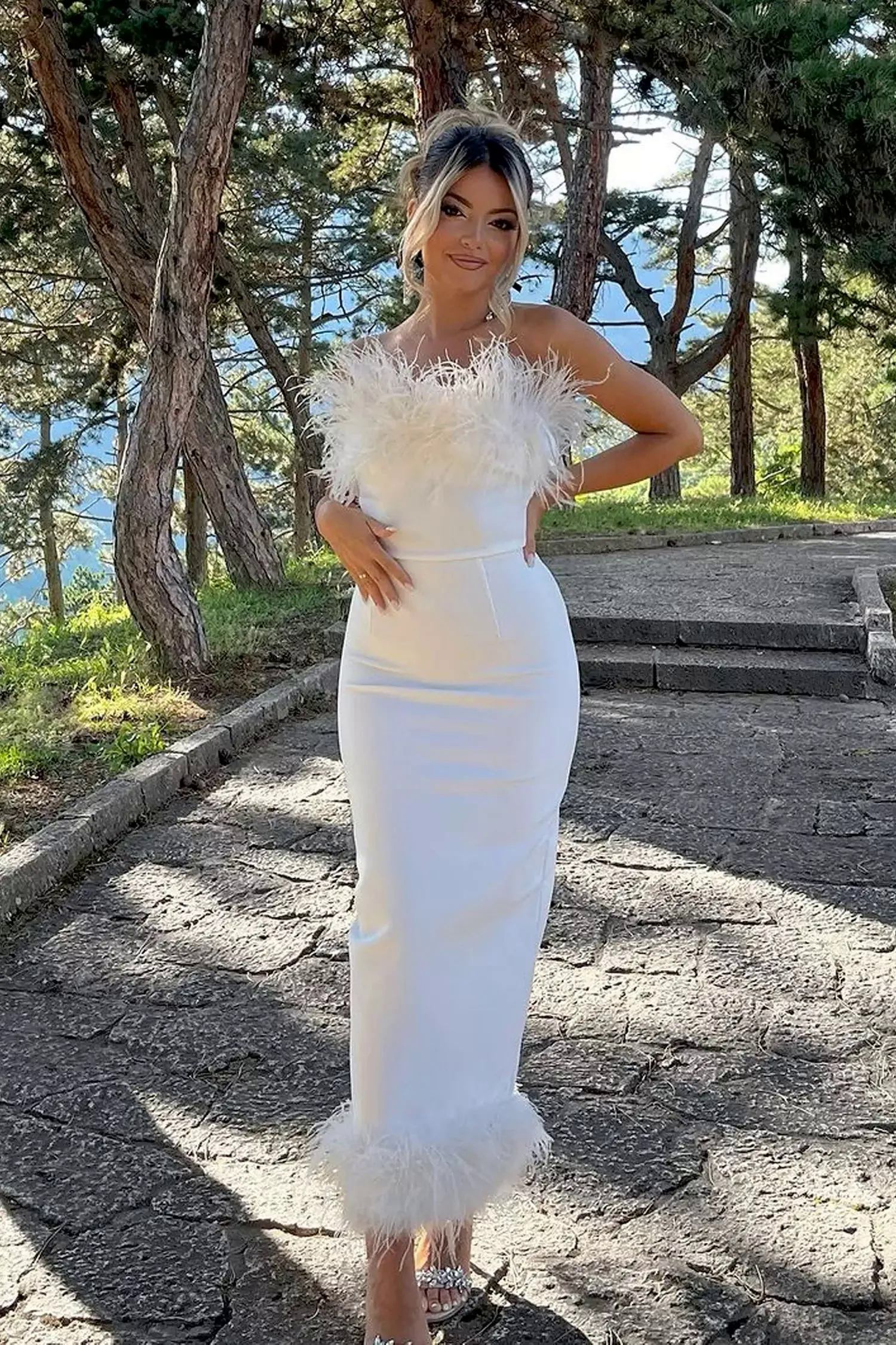 Noelle Feather Off Shoulder Maxi Dress-White Noelle Feather Off Shoulder Maxi Dress-White