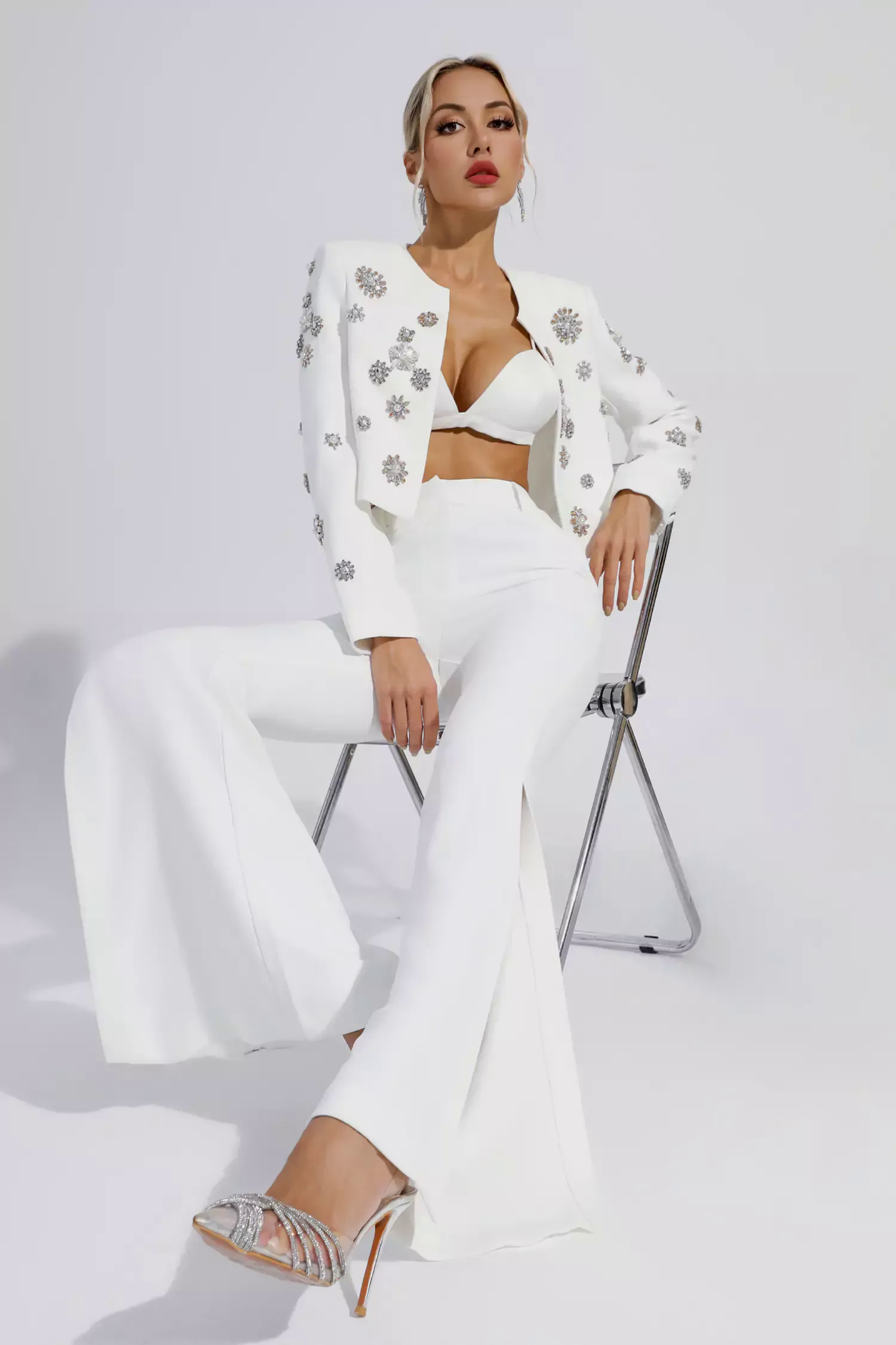 Amalia White Crystal Pearl Blazer Set