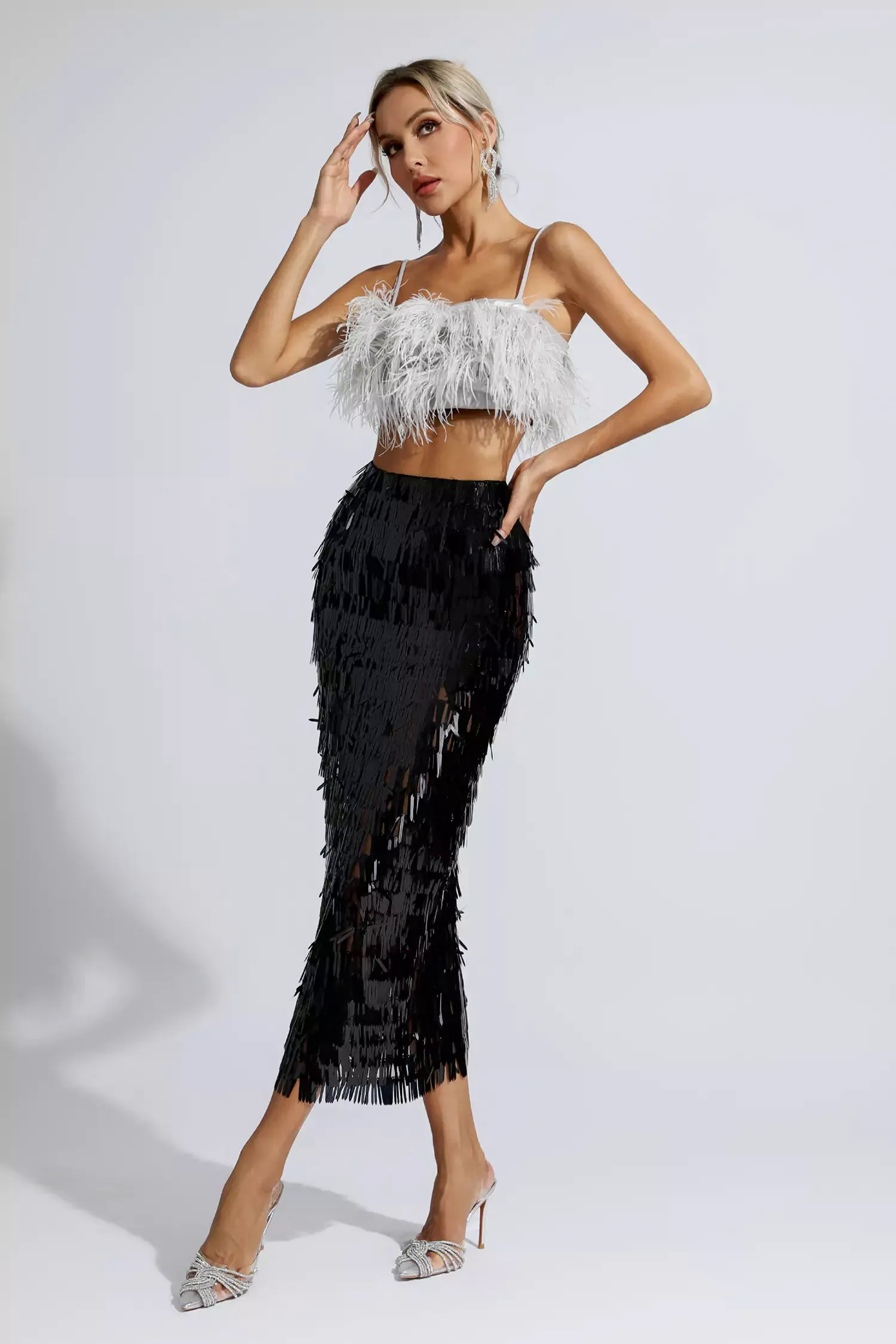 Daniella Black Feather Sequin Set