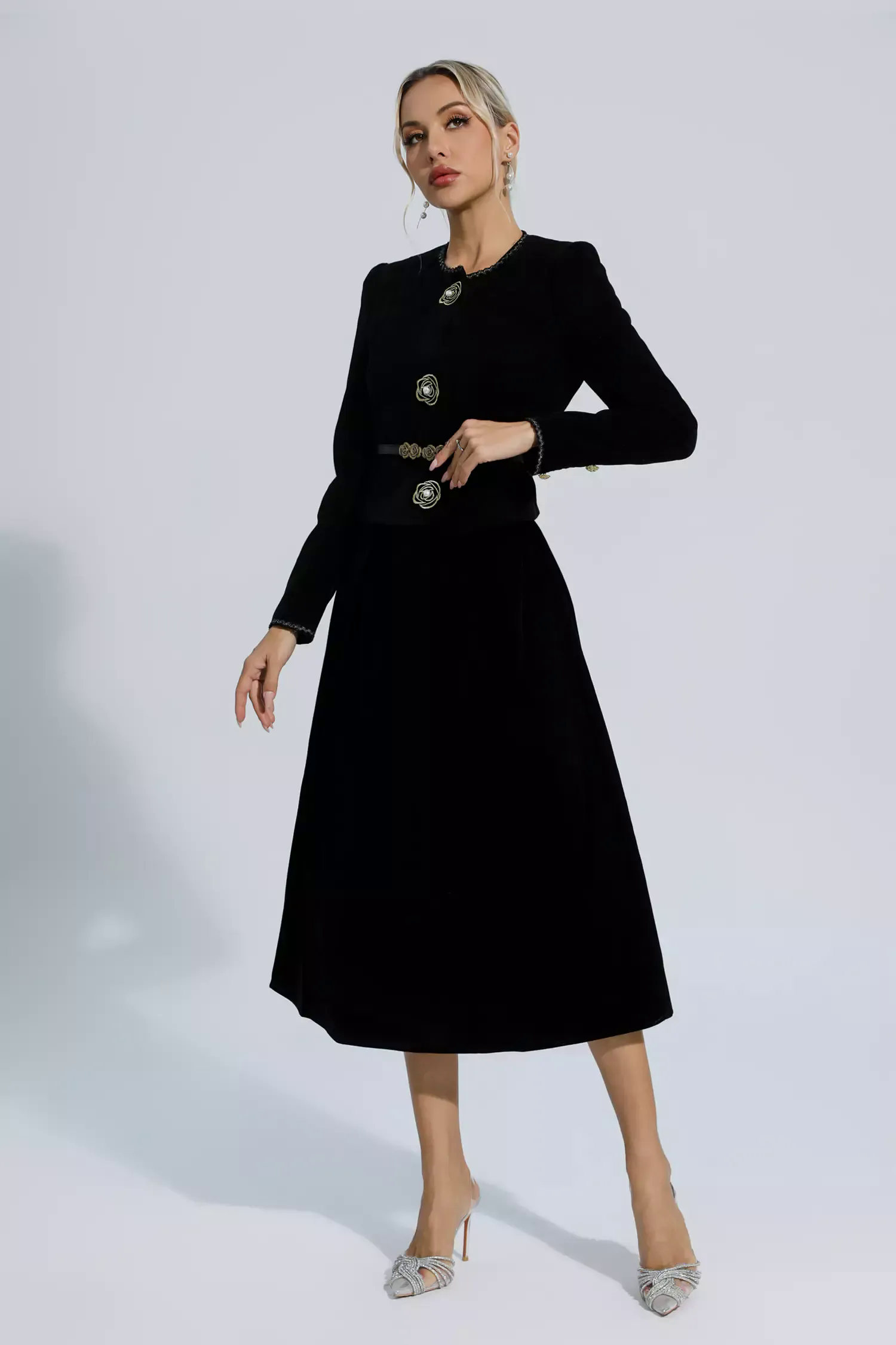 Lina Black Woolen Floral Blazer Set Lina Black Woolen Floral Blazer Set
