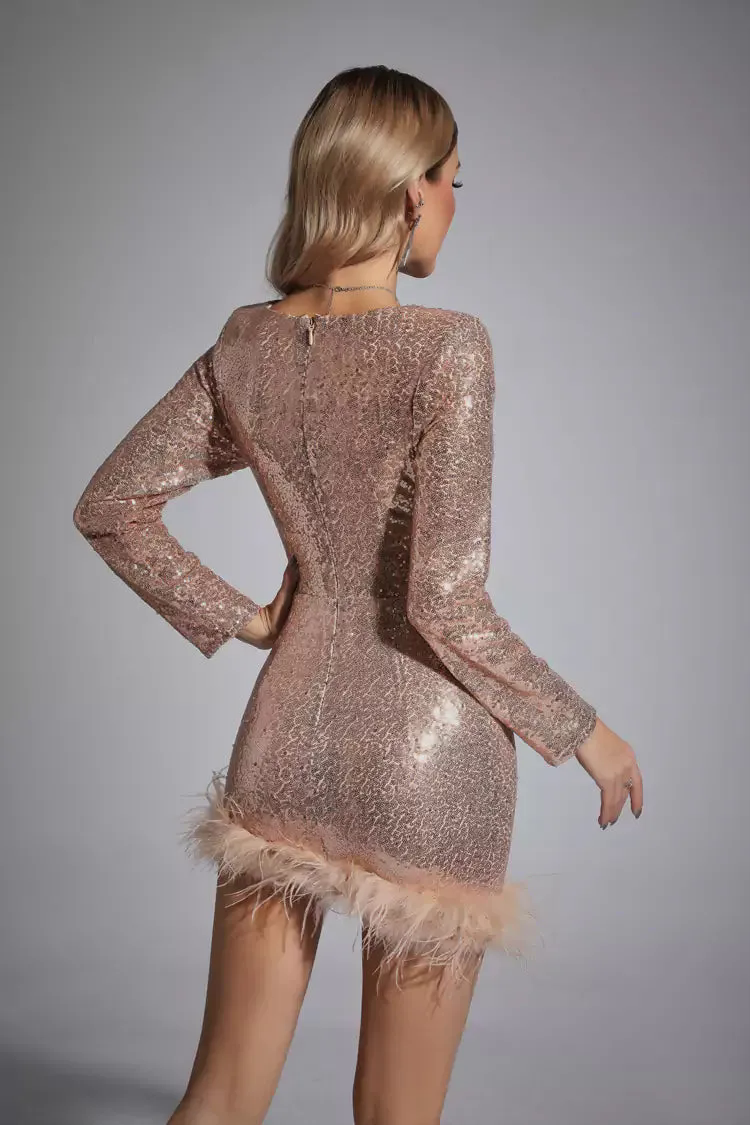 Oakley Champagne Feather Sequin Mini Dress Oakley Champagne Feather Sequin Mini Dress
