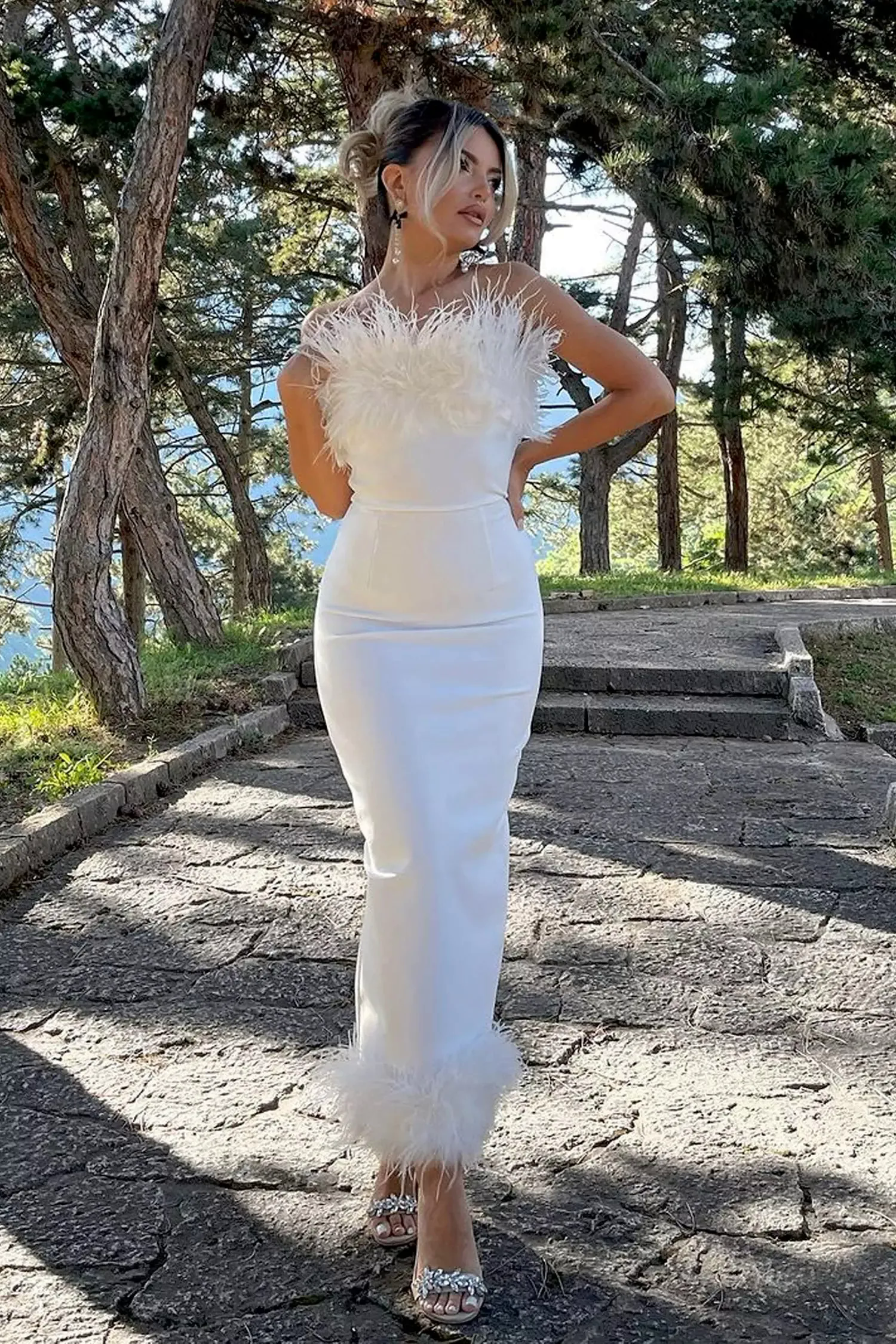 Noelle Feather Off Shoulder Maxi Dress-White Noelle Feather Off Shoulder Maxi Dress-White