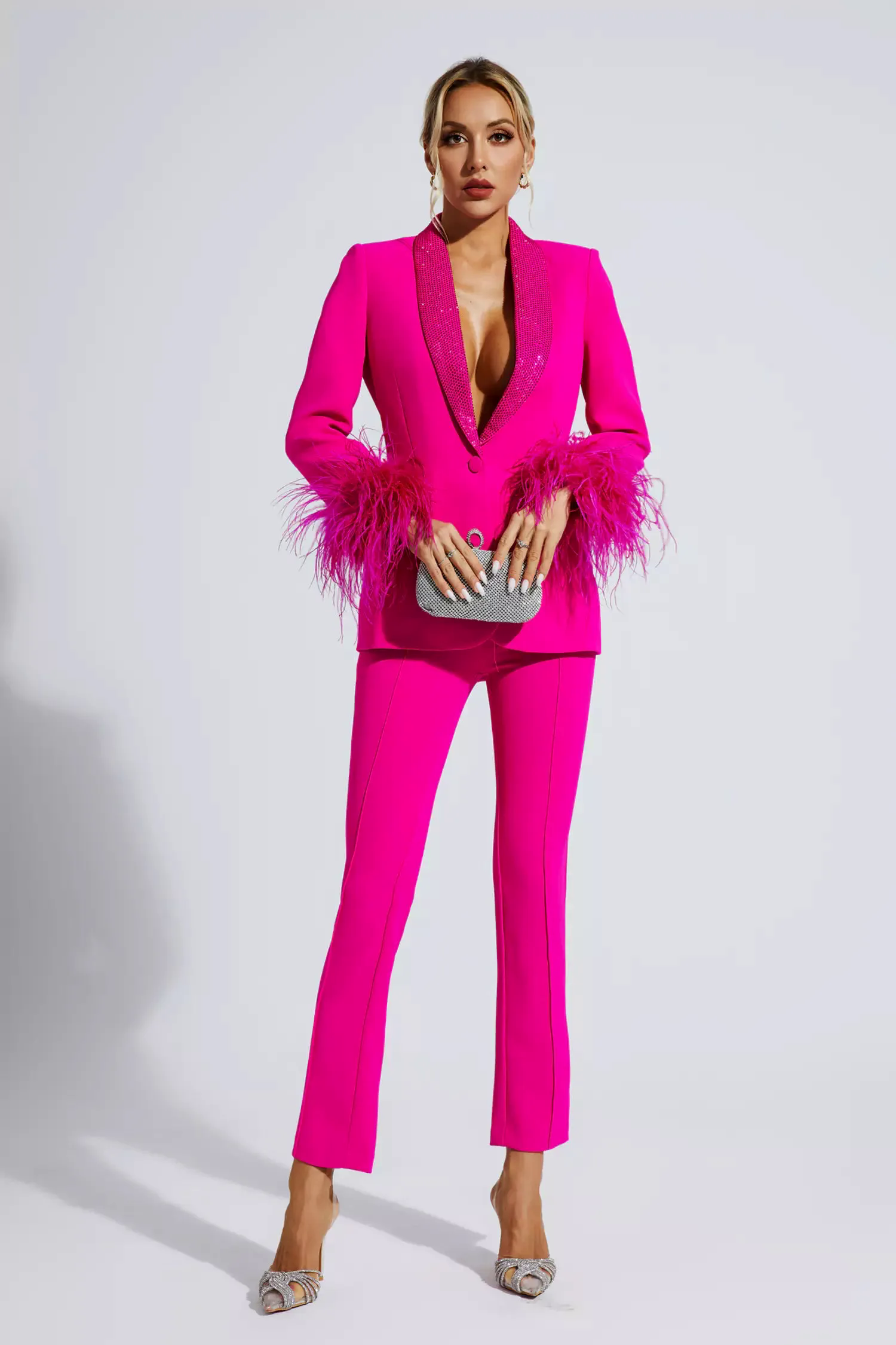 Angel Pink Feather Trim Diamond Blazer Set