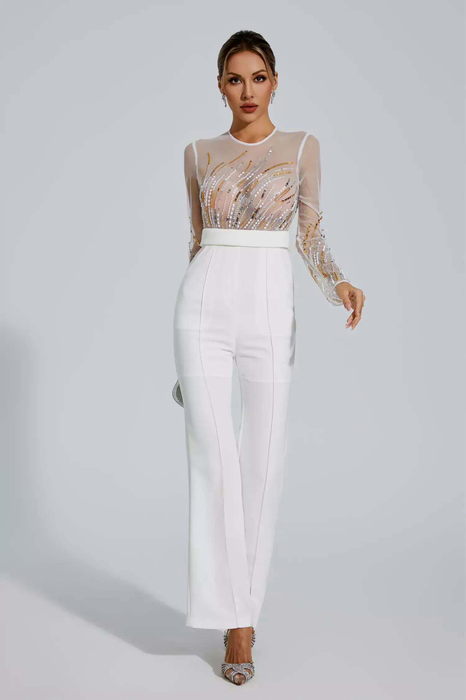 Jaycee White Sequin Mesh Jumpsuit