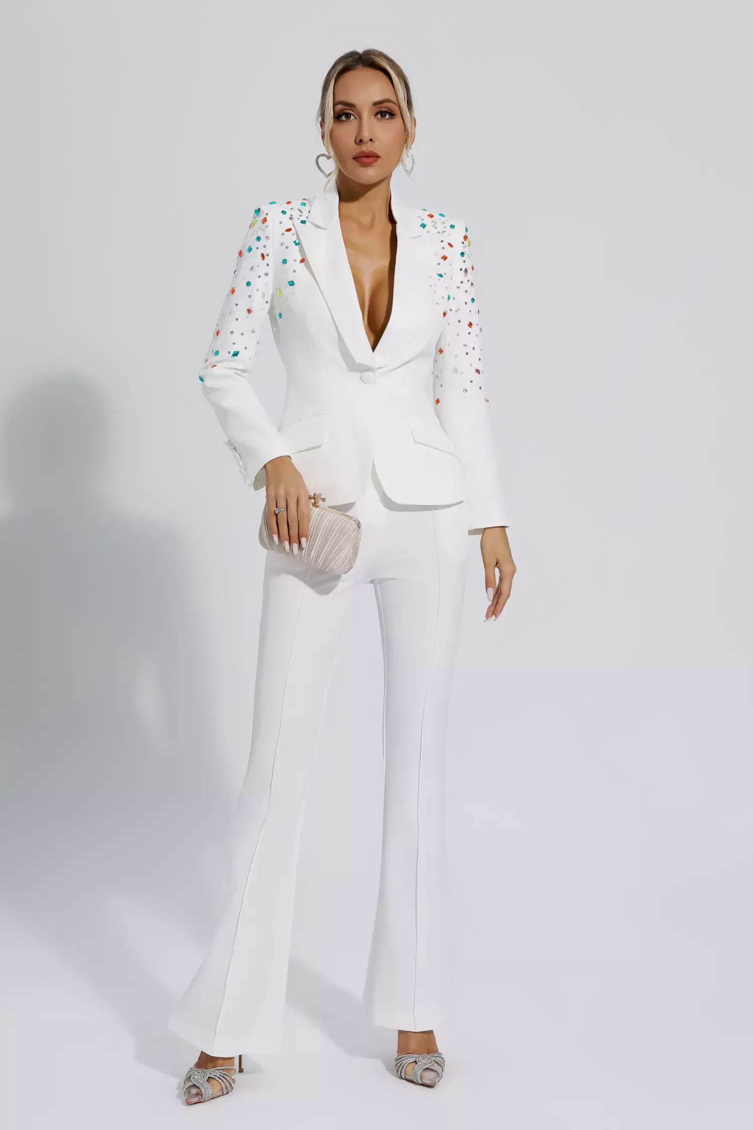 Emely White Beaded Sequin Diamond Blazer Set Emely White Beaded Sequin Diamond Blazer Set