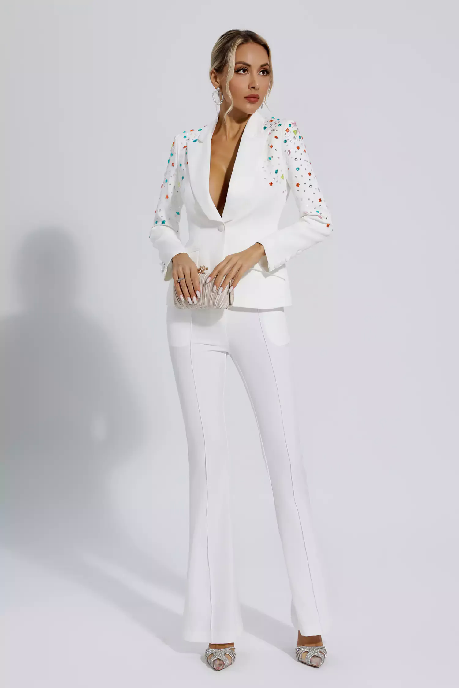 Emely White Beaded Sequin Diamond Blazer Set Emely White Beaded Sequin Diamond Blazer Set