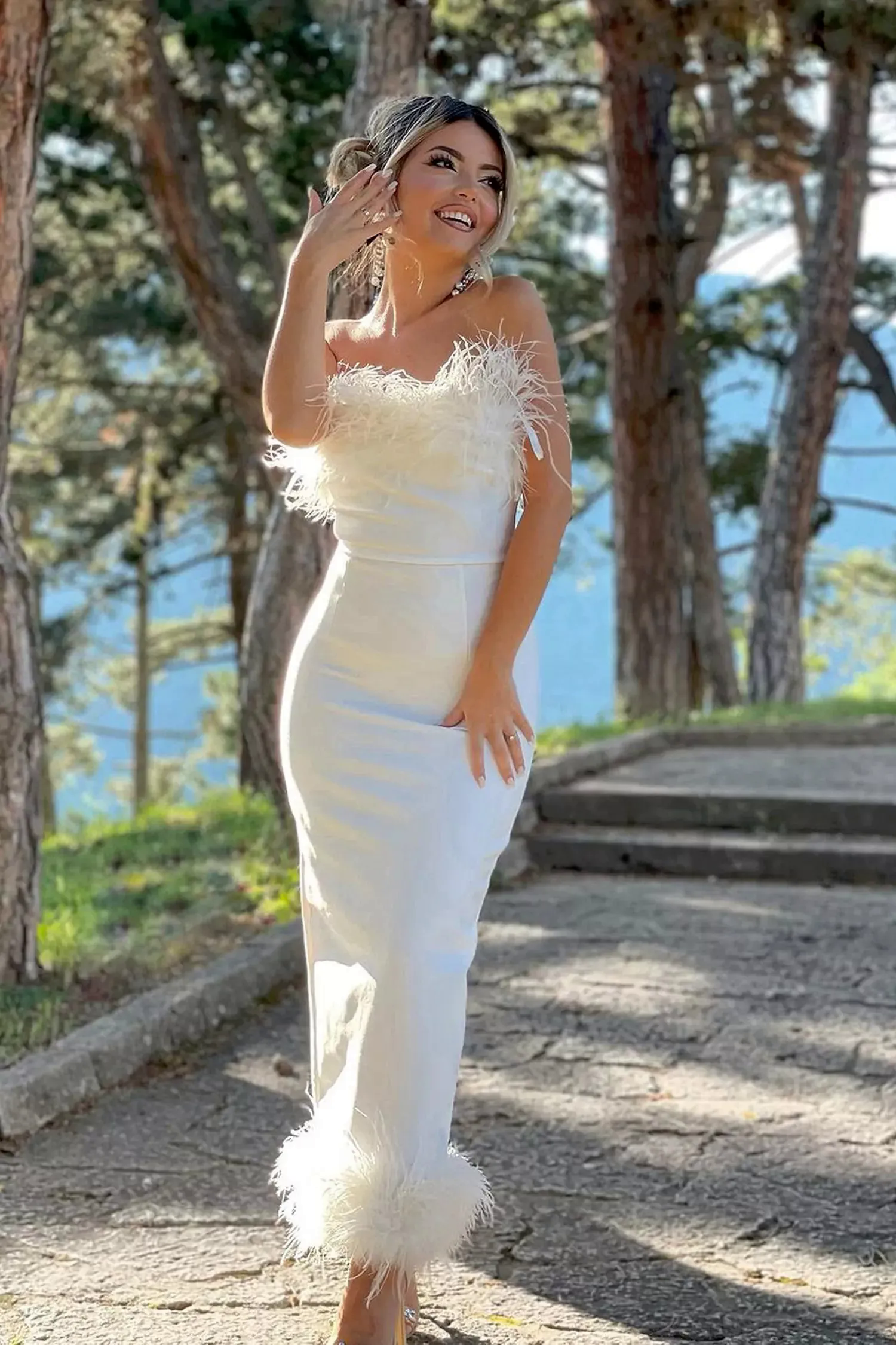 Noelle Feather Off Shoulder Maxi Dress-White