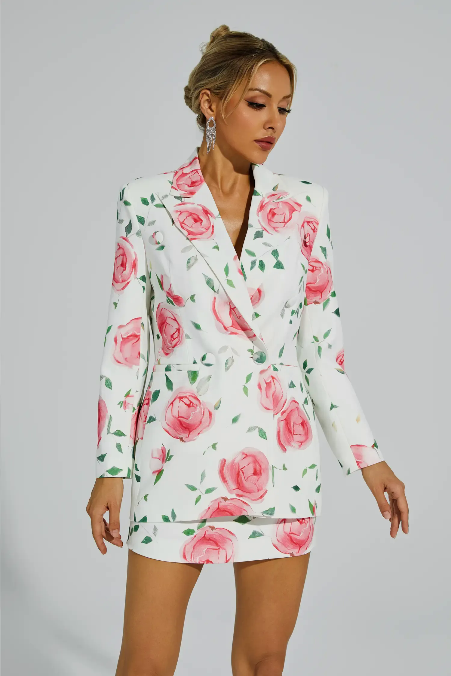 Electra White Rose Printed Blazer Set Electra White Rose Printed Blazer Set