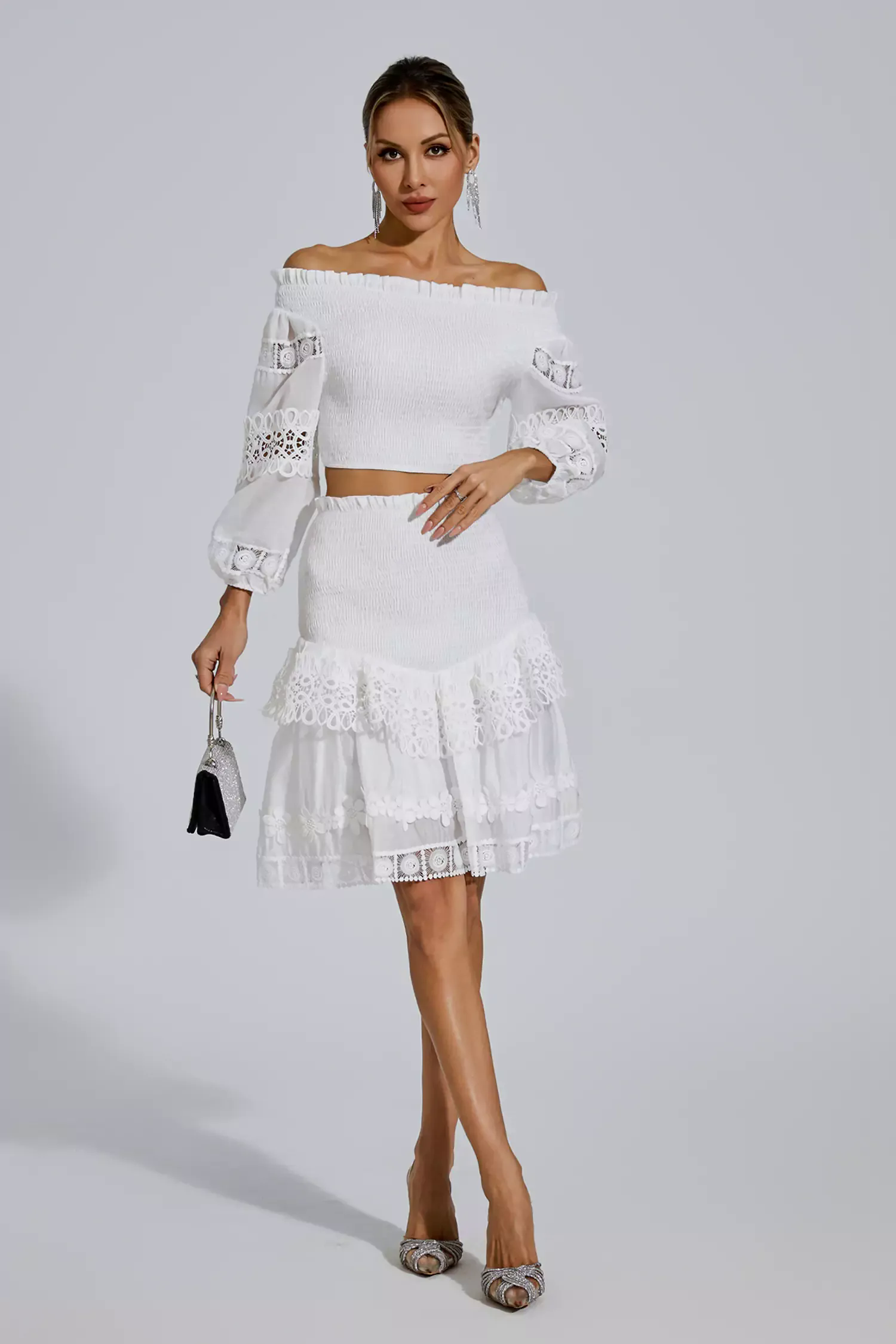 Raina White One-Shoulder Embroidered Set