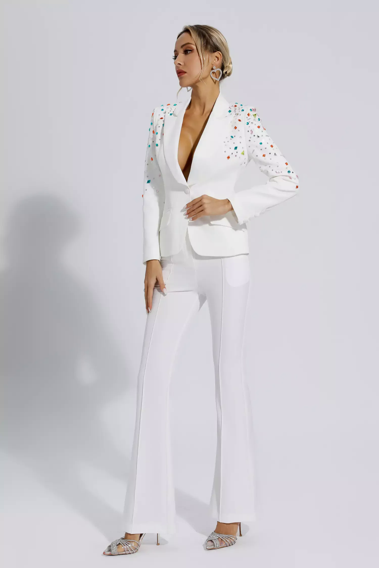 Emely White Beaded Sequin Diamond Blazer Set Emely White Beaded Sequin Diamond Blazer Set